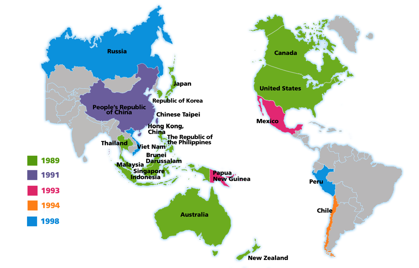 World map showing APEC member economies by year of joining, color-coded by year.