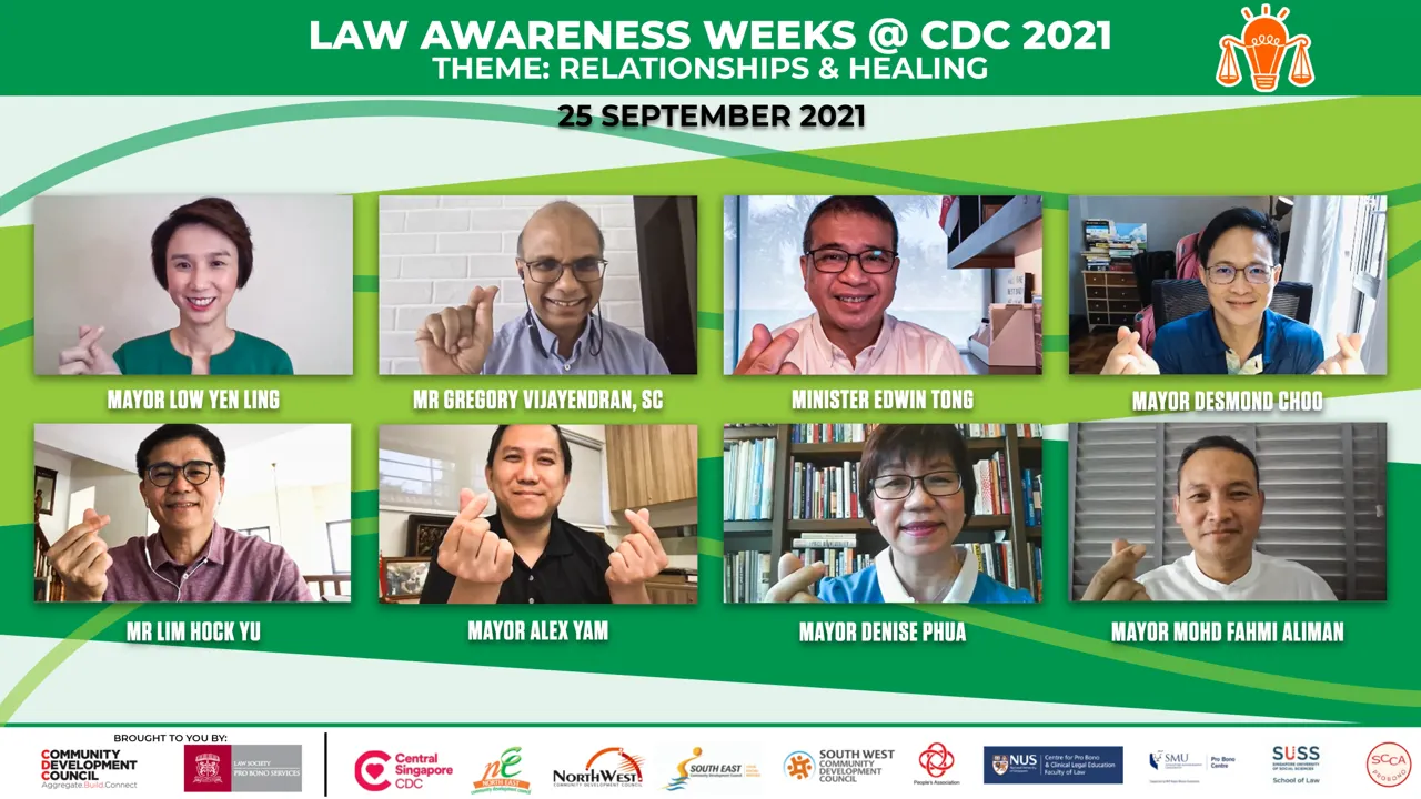 Nine people in separate frames showing fingers forming small heart shapes, with the event titled Law Awareness Weeks @ CDC 2021.