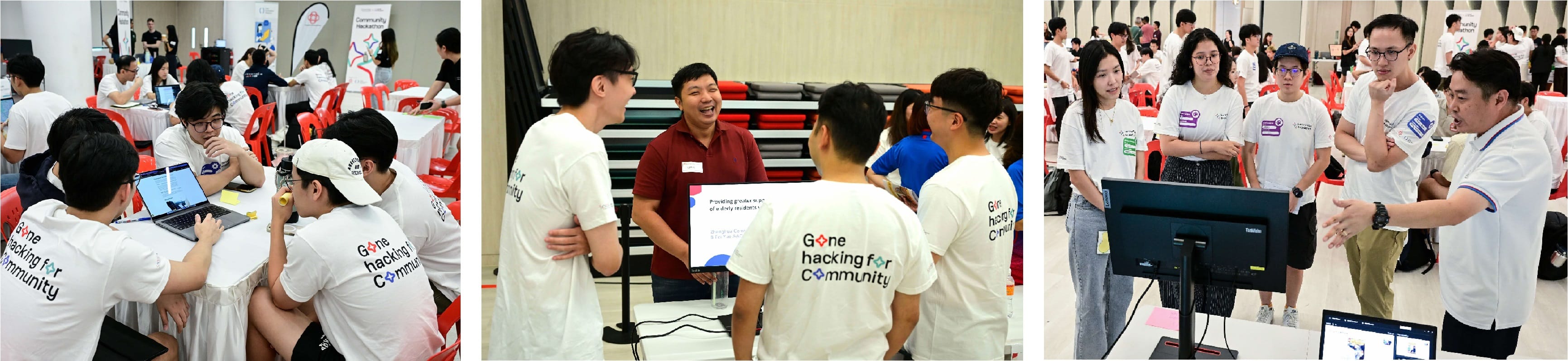 People are gathered in three groups, interacting and working on laptops at a tech event with red chairs and tables.