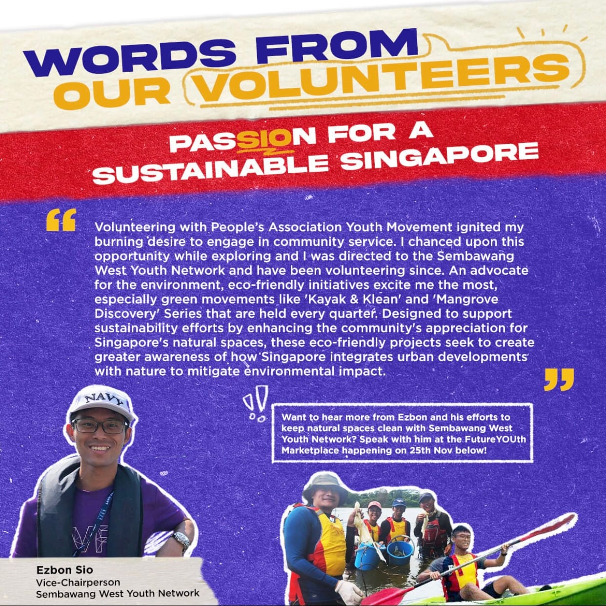 Text promoting the passion for a sustainable Singapore with volunteer testimonial, event details, and masked photo of a group activity.