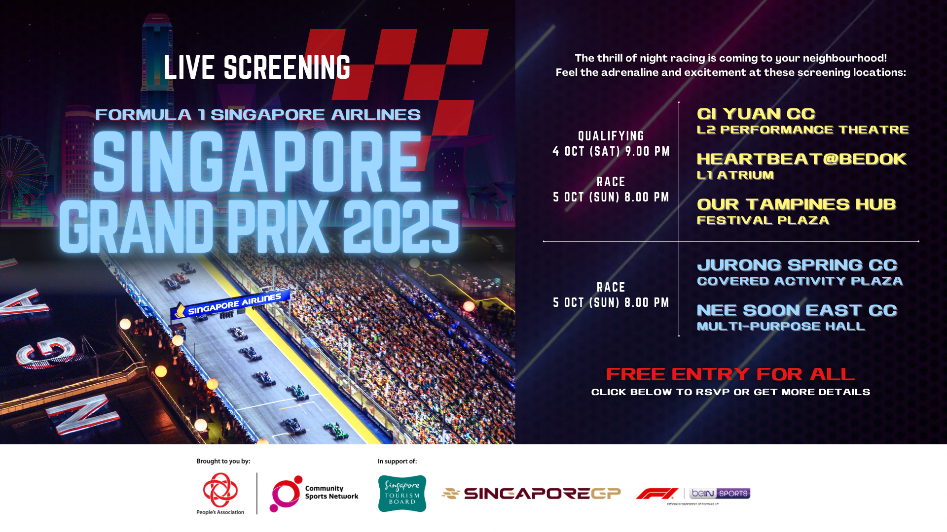 Advertisement for the live screening of the Singapore Grand Prix 2025, with screening locations and times listed.