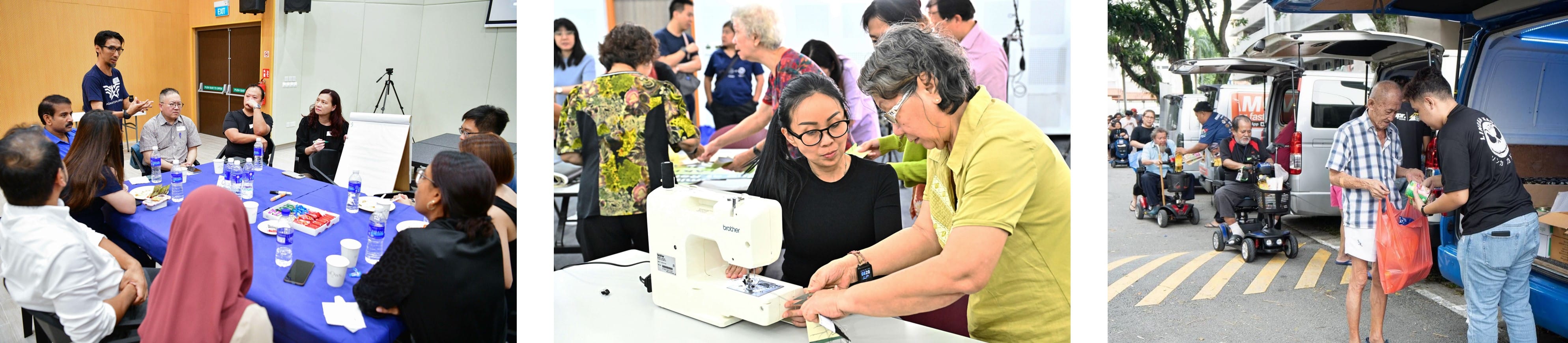 People interacting in various settings: meeting, crafting with a sewing machine, and distributing items outdoors.