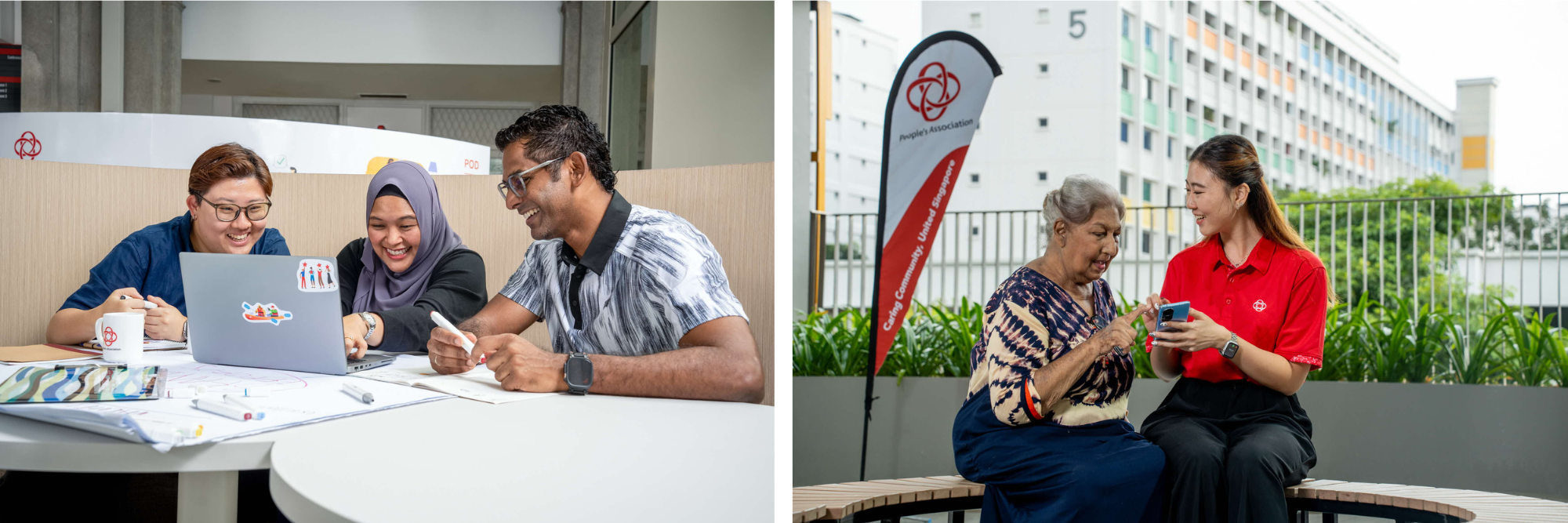 Left: three people work at a table with a laptop and papers; right: two people share a phone while sitting outside near a banner.