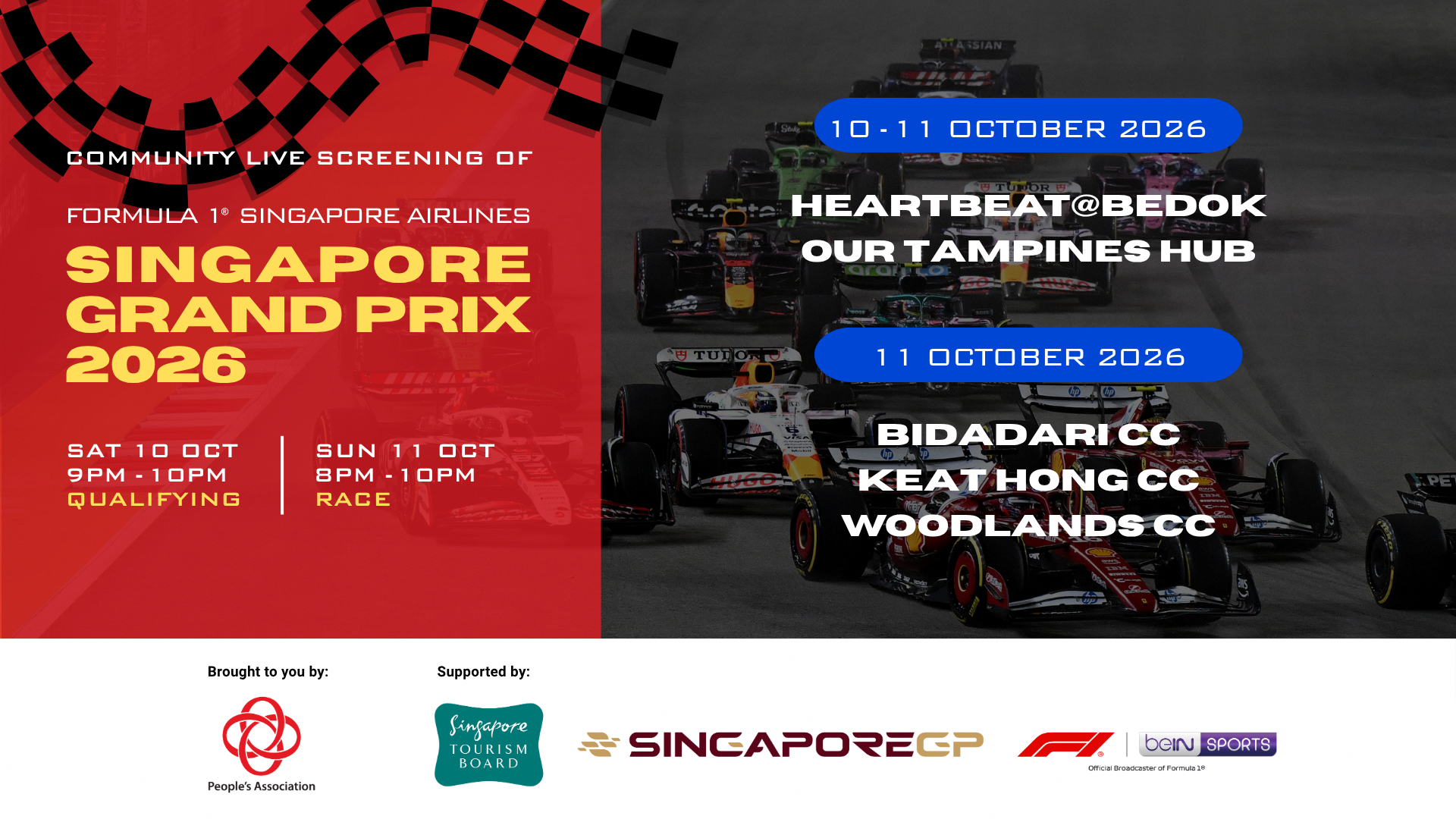 Community live screening of the F1 SIA Singapore Grand Prix 2026, with screening locations and times listed.