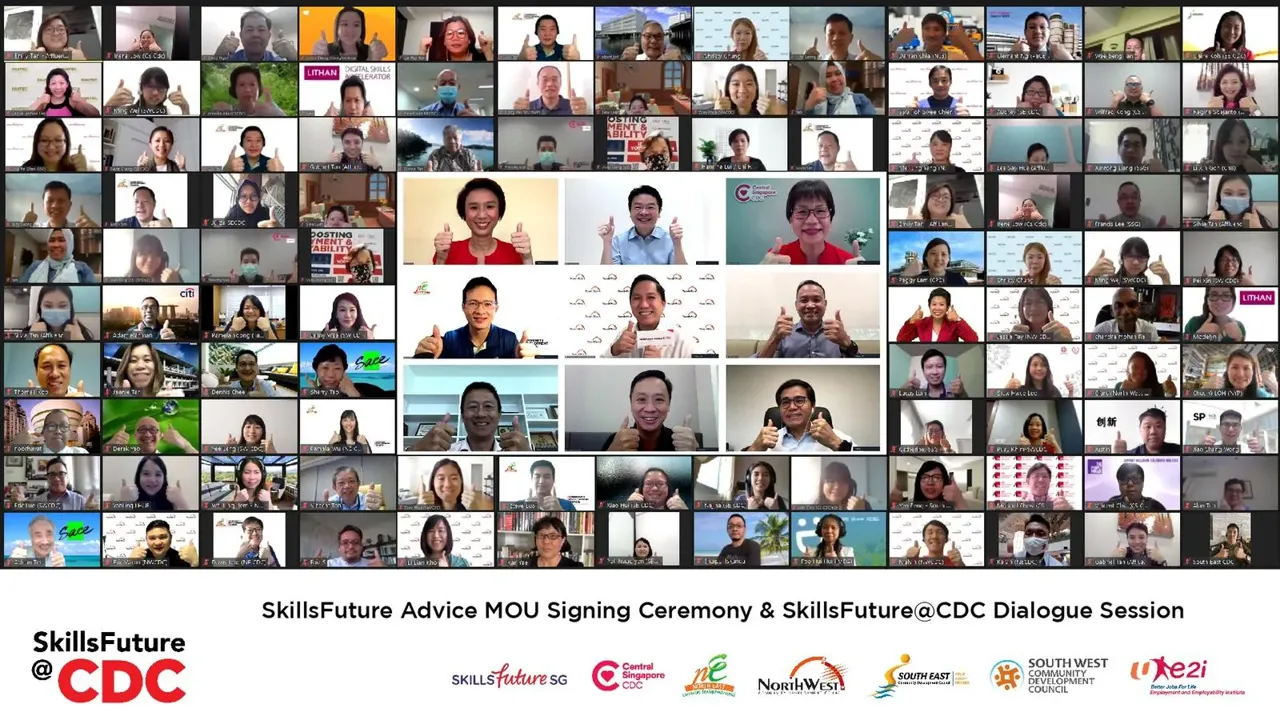 A large video call grid shows numerous participants giving thumbs-up, with various organization logos at the bottom.
