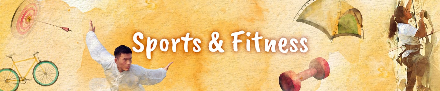 "Sports & Fitness" on a yellow backdrop, with images of a bicycle, target with arrow, dumbbell, tent, and rock climber.