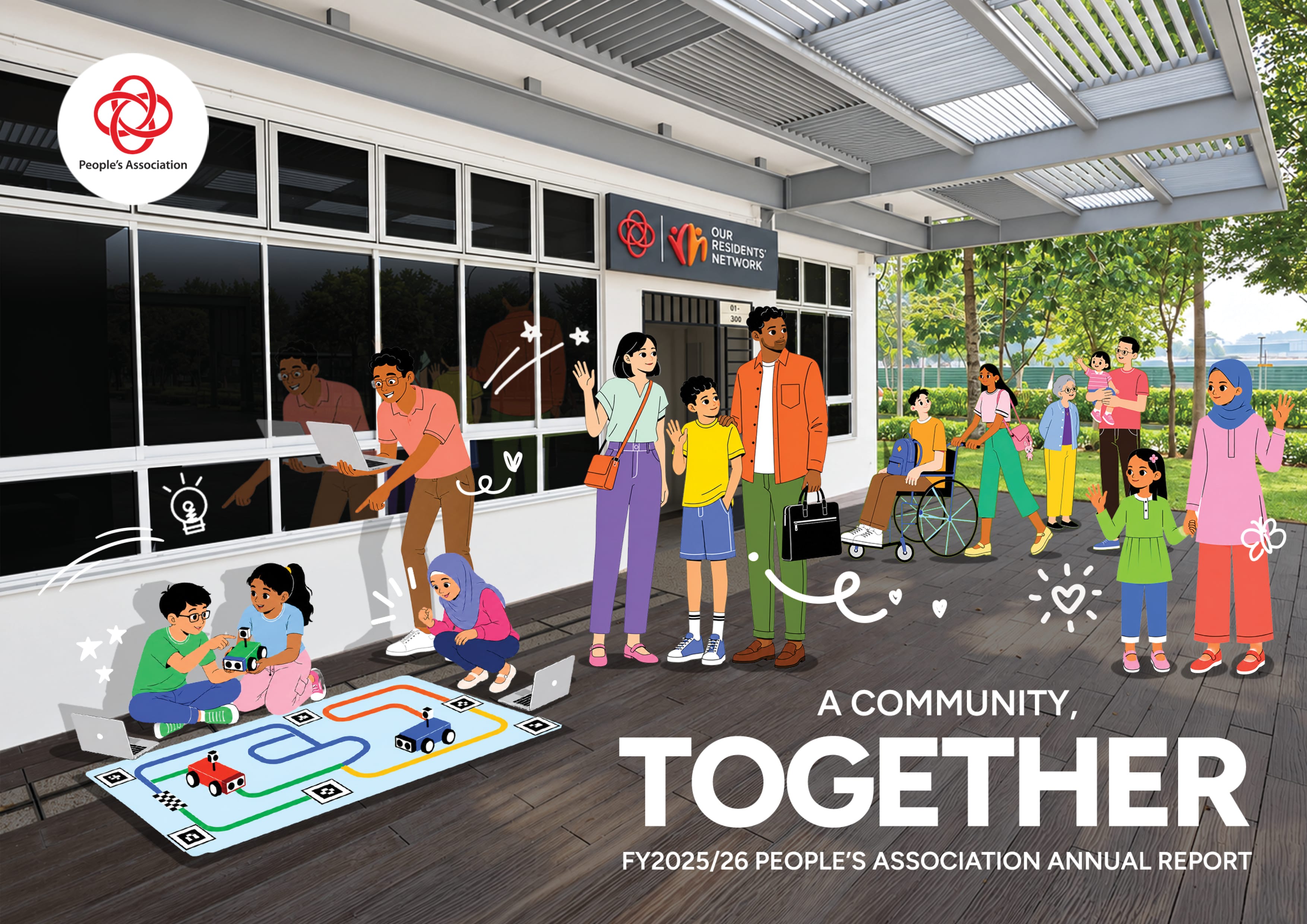 Cover of the FY2025/26 People's Association Annual Report titled 'A Community, Together.' An illustration of diverse Singaporeans of all ages gathered outside a community centre, including children playing with toy robots, families, an elderly person, and a wheelchair user.