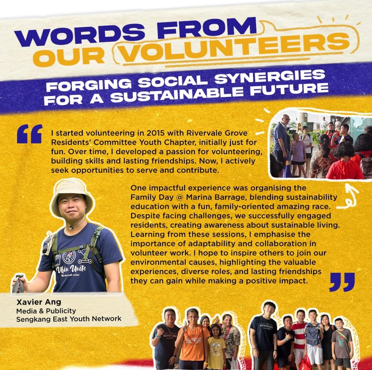 Text details volunteering experiences and a community event at Marina Barrage; includes photos of people and text overlays.