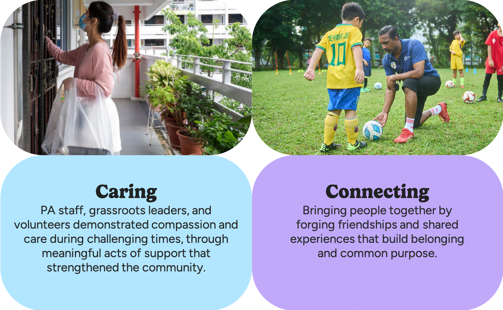 A woman wearing a mask delivers items and text describes caring; a person interacts with children in sports, emphasizing connecting.