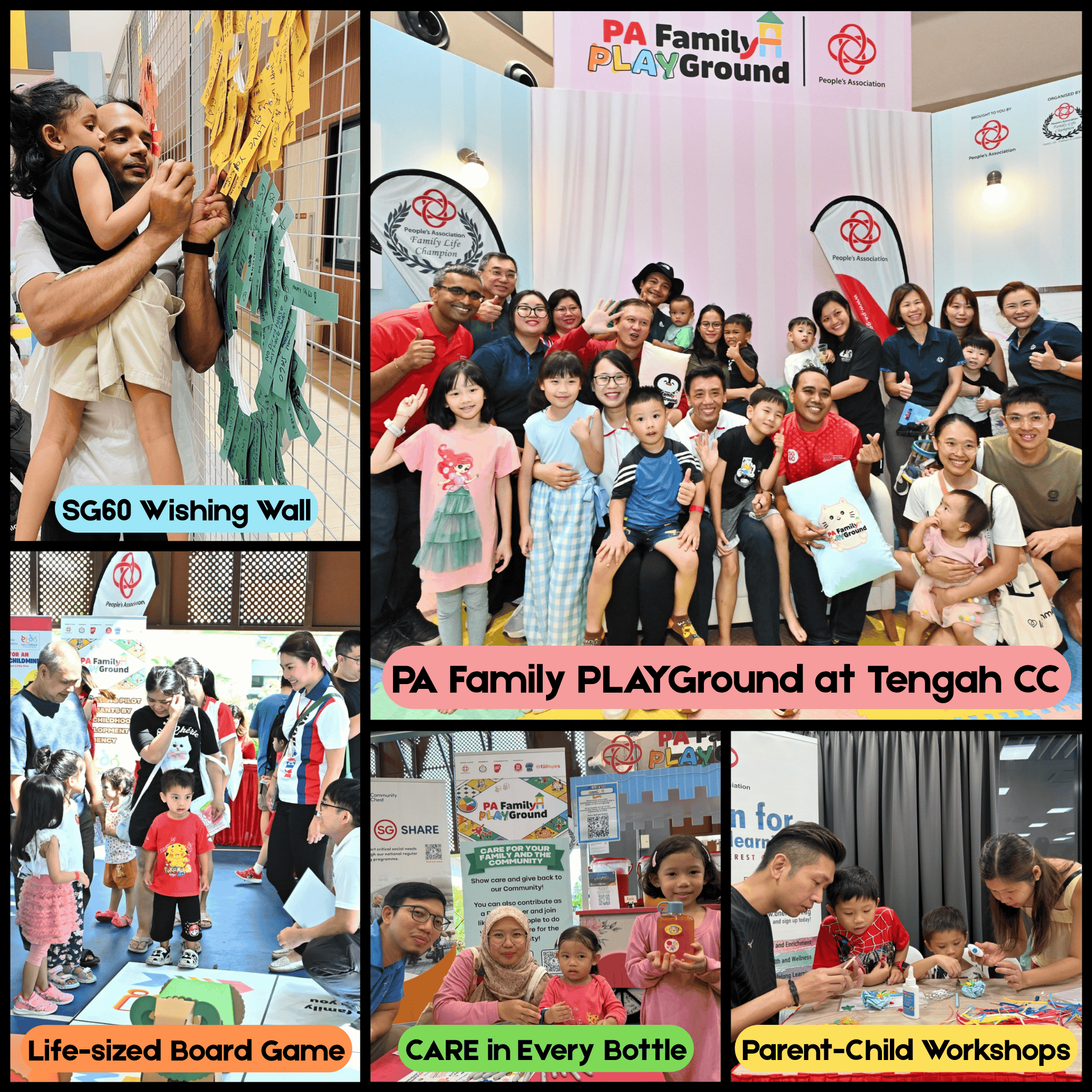 Scenes show activities like the SG60 wishing wall, life-sized board games, workshops, and a group photo at PA Family PLAYGround.
