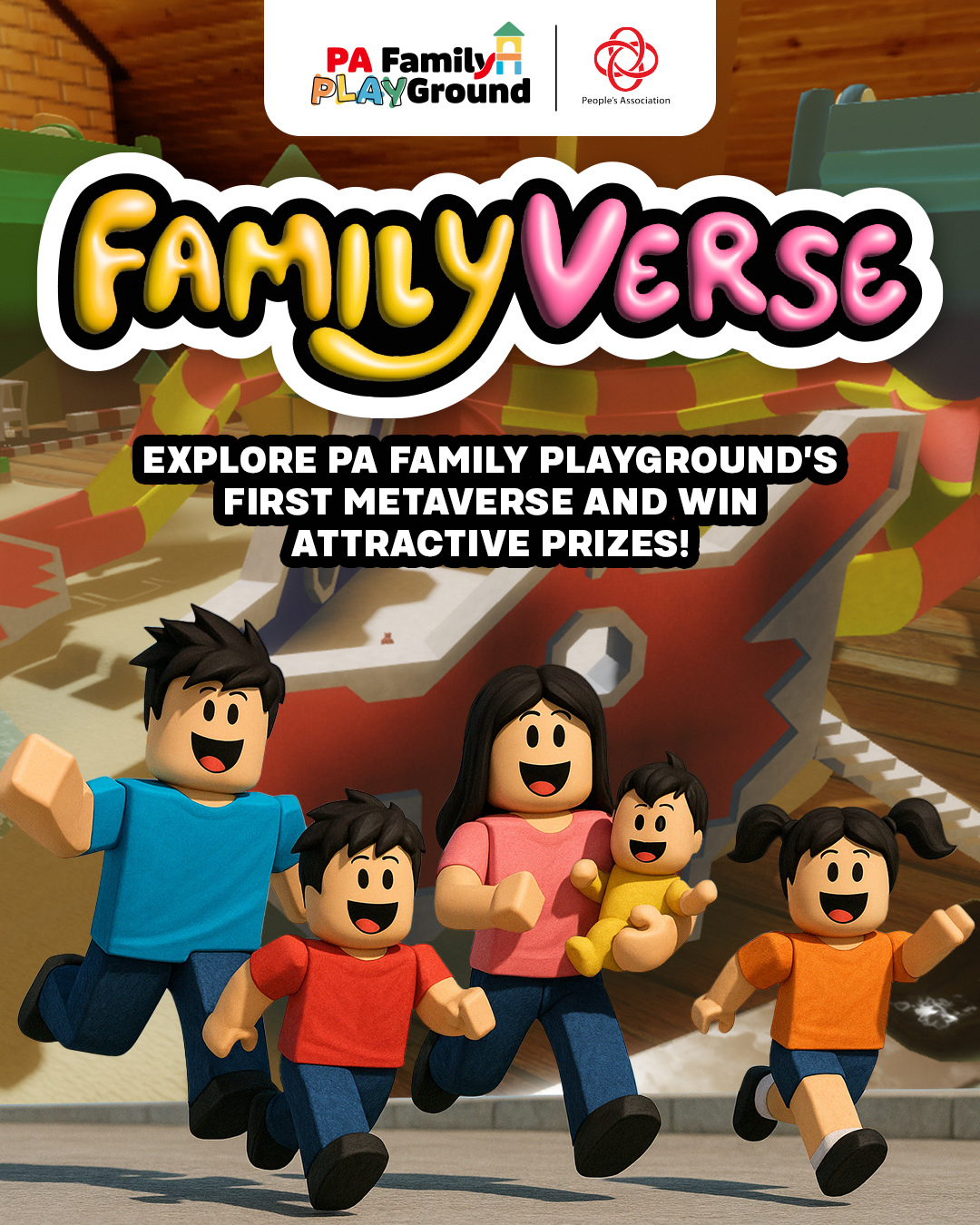 Advertisement for PA Family Playground Metaverse event featuring animated family characters and a prize announcement.
