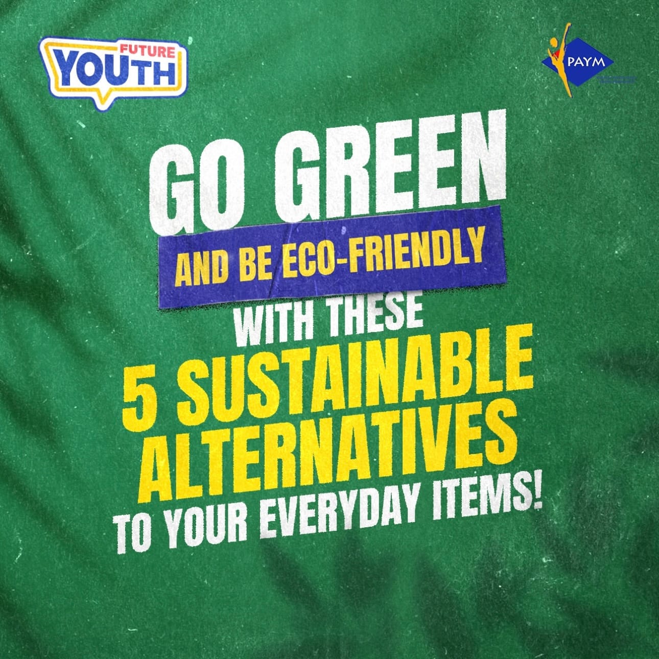 "Go Green and be eco-friendly with these 5 sustainable alternatives to your everyday items!" text on green background.