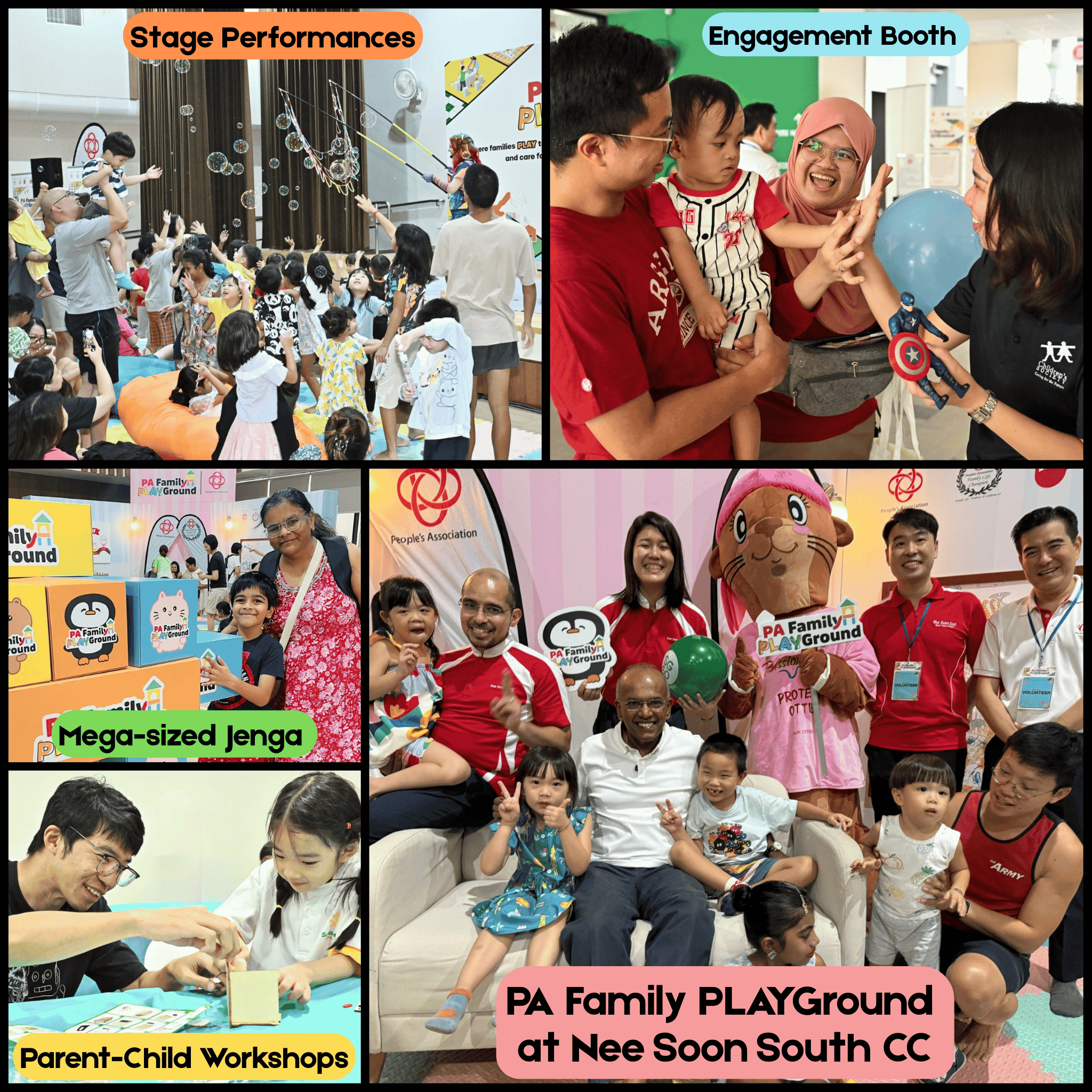 Collage of family event activities including stage performances, engagement booth, mega-sized Jenga, and workshops.