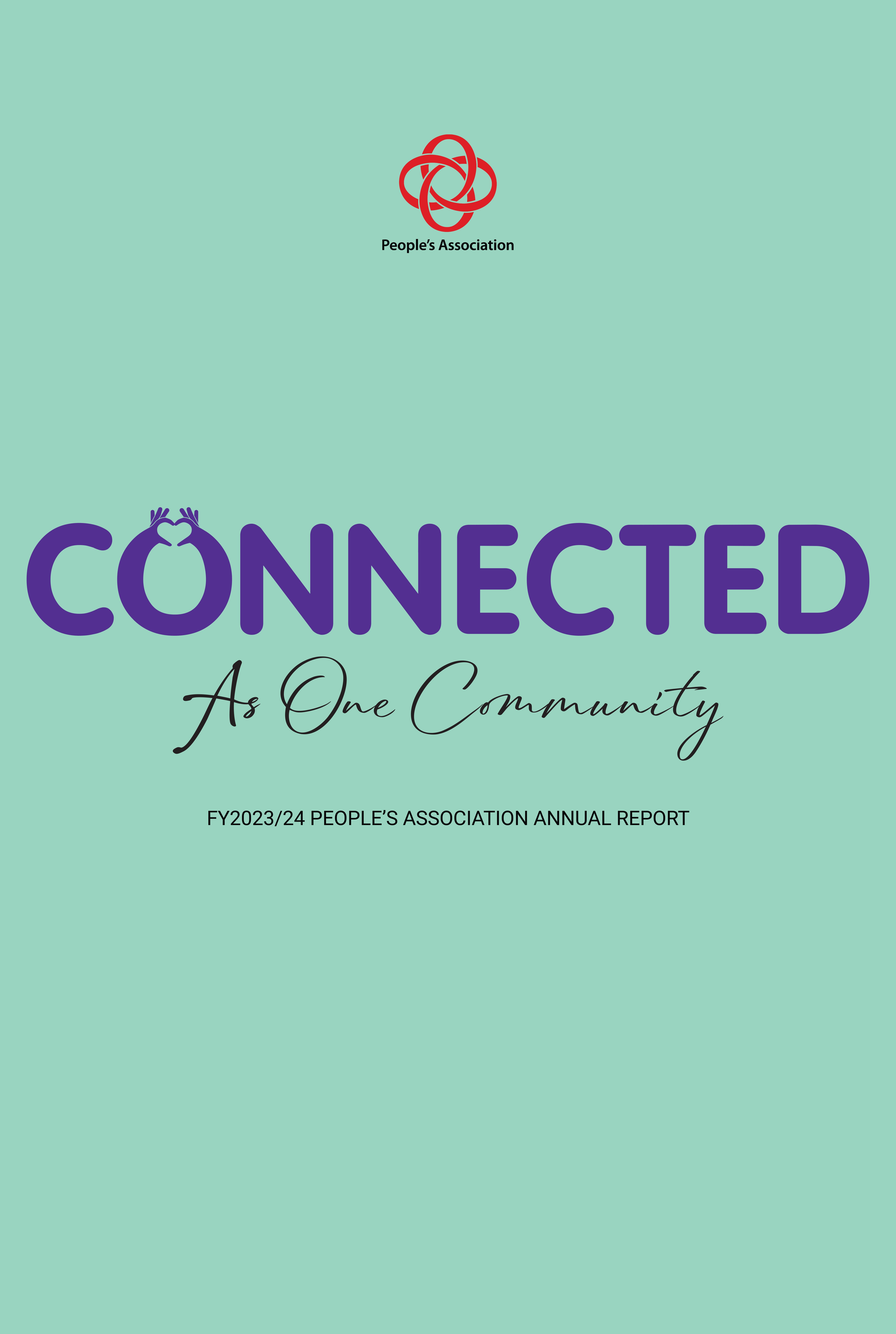 Teal background with "CONNECTED" in large blue font, "As One Community" in script, and People's Association logo above.