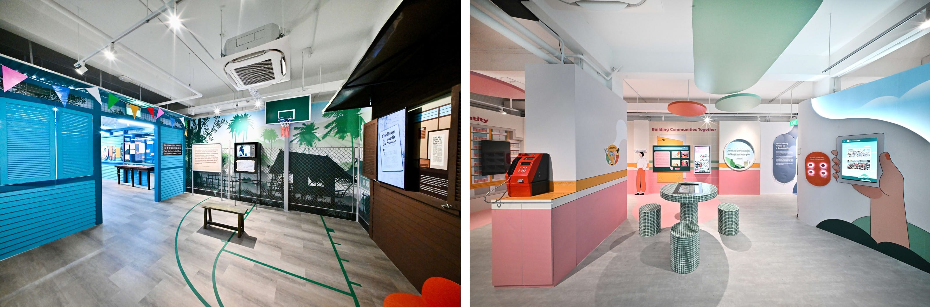 A brightly lit exhibit space with colorful walls and informational displays, featuring a blue section with a basketball hoop and a red phone booth.