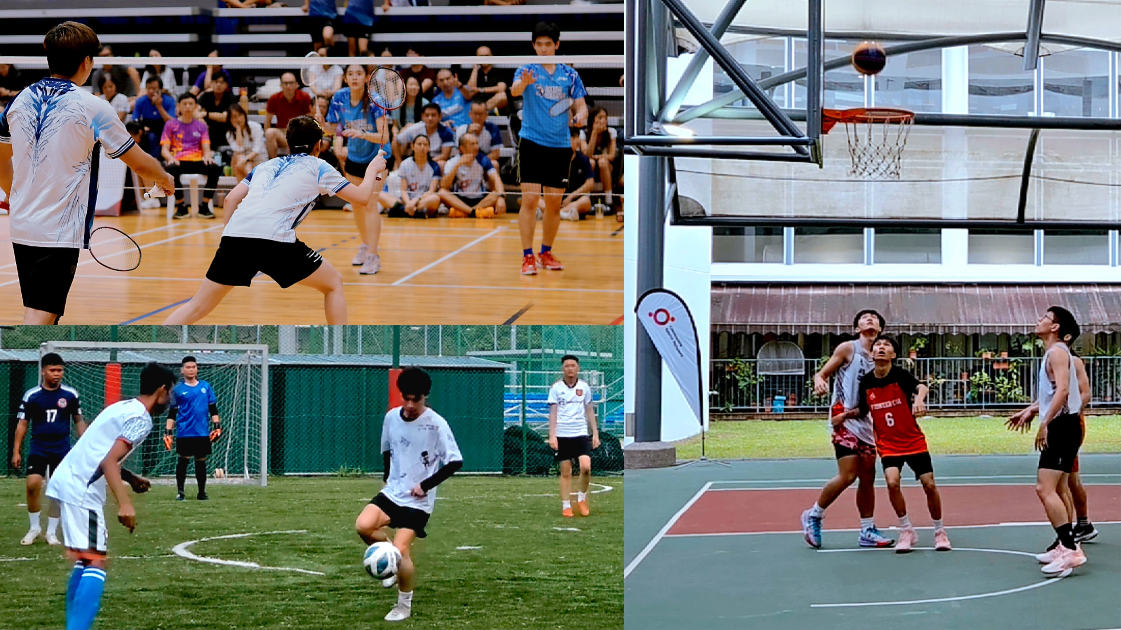 Collage showing people playing basketball, a person playing tabletop soccer, and players in a soccer match.