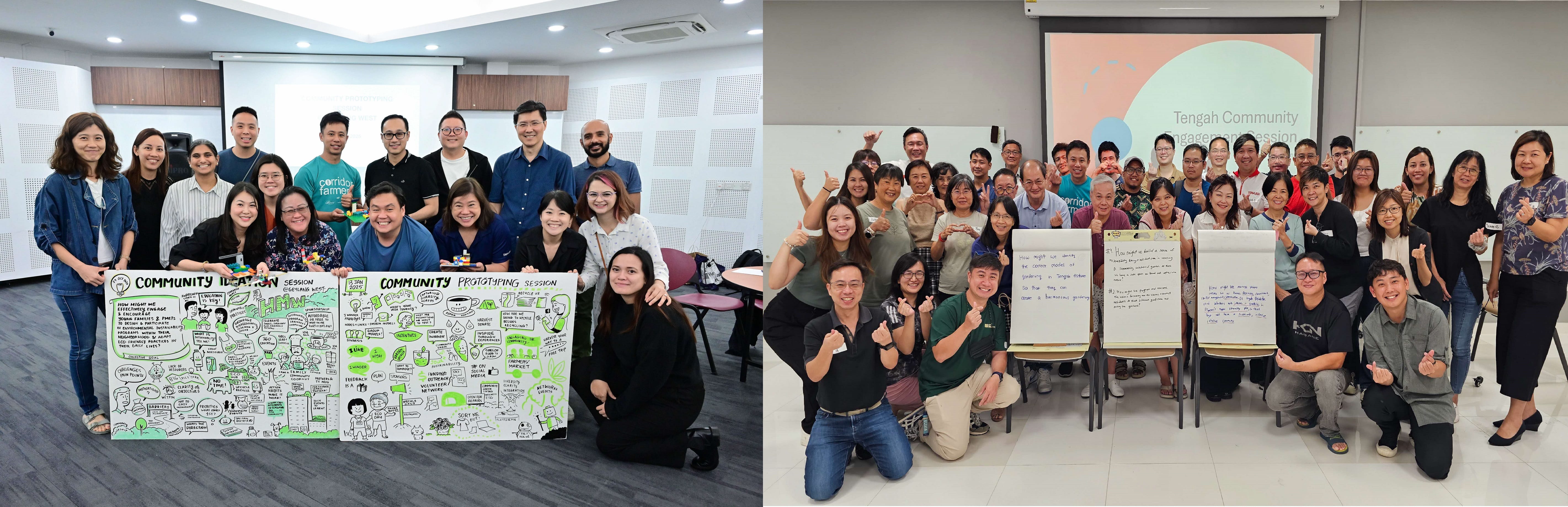 Two groups stand indoors holding posters with doodles and notes during community engagement sessions.