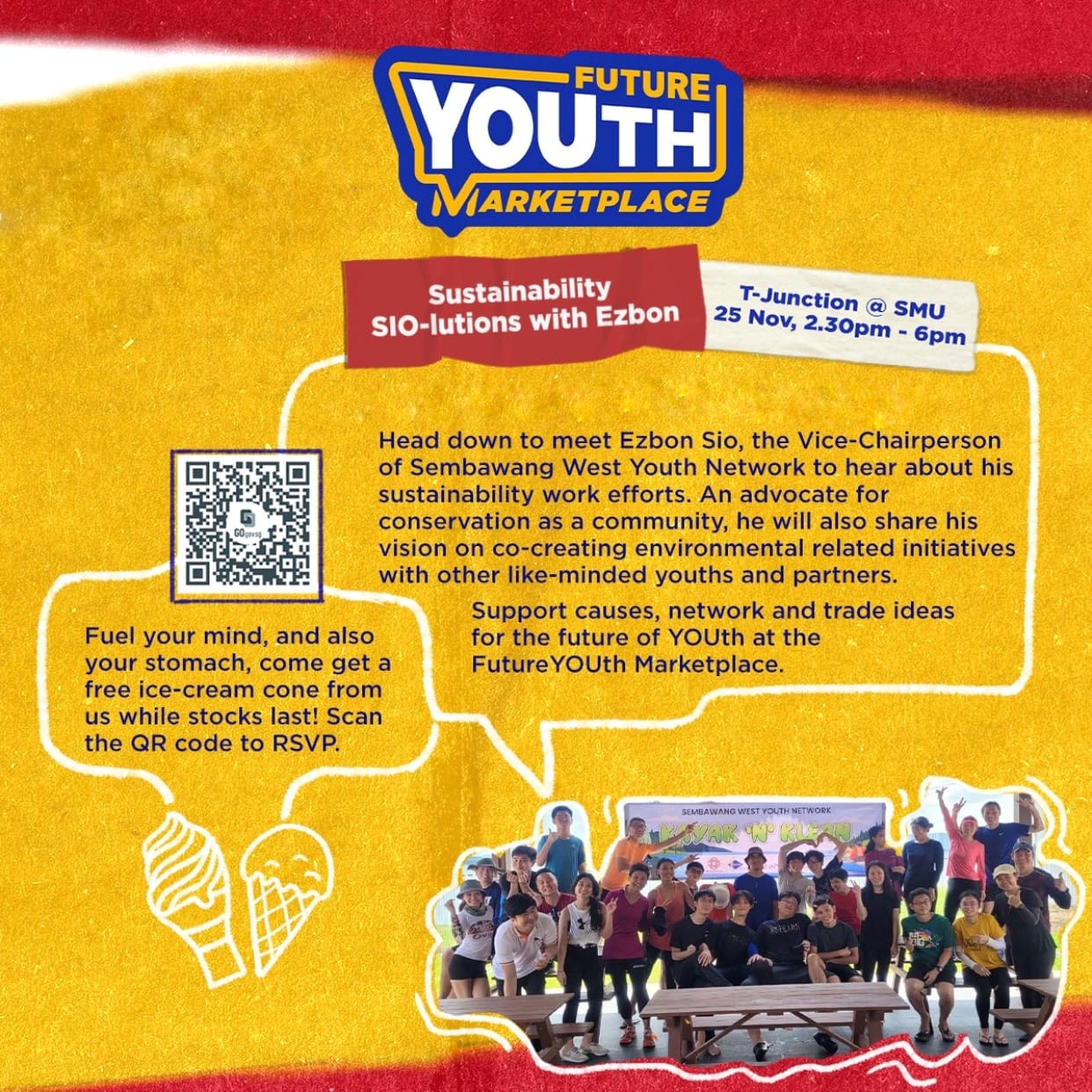 Poster for Future YOUth Marketplace event with details about speaker Ezbon Sio, free ice cream, and a QR code to RSVP.