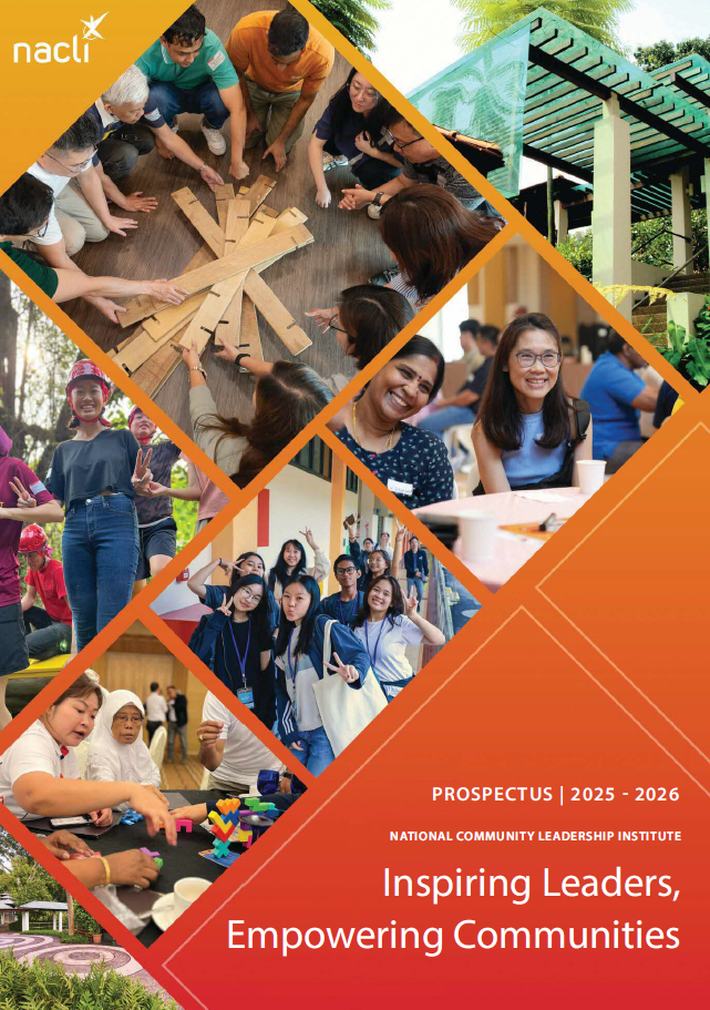 Several groups of people participating in outdoor and indoor activities, with text promoting community leadership programs.