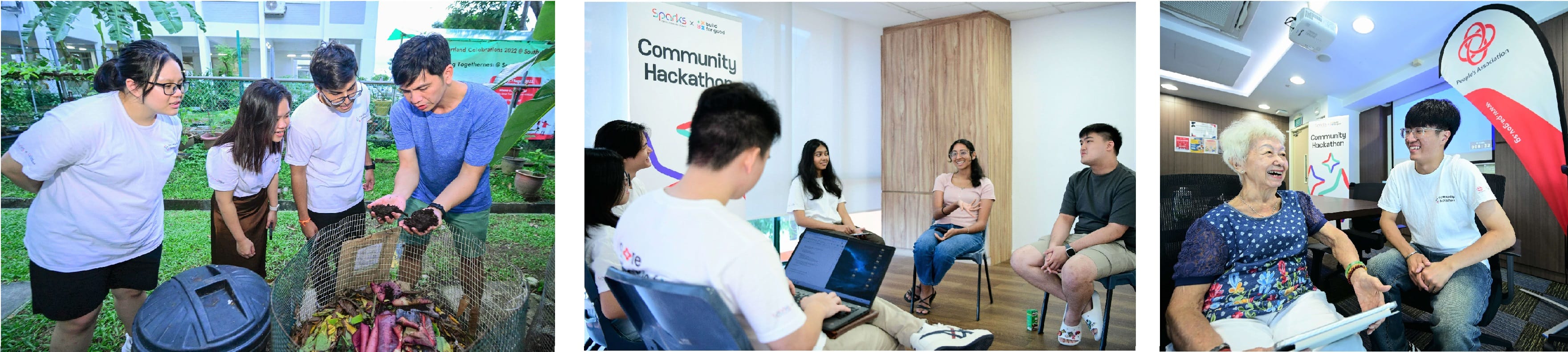People engaging in outdoor gardening, a group discussion, and a meeting activity indoors with vibrant banners in the background.