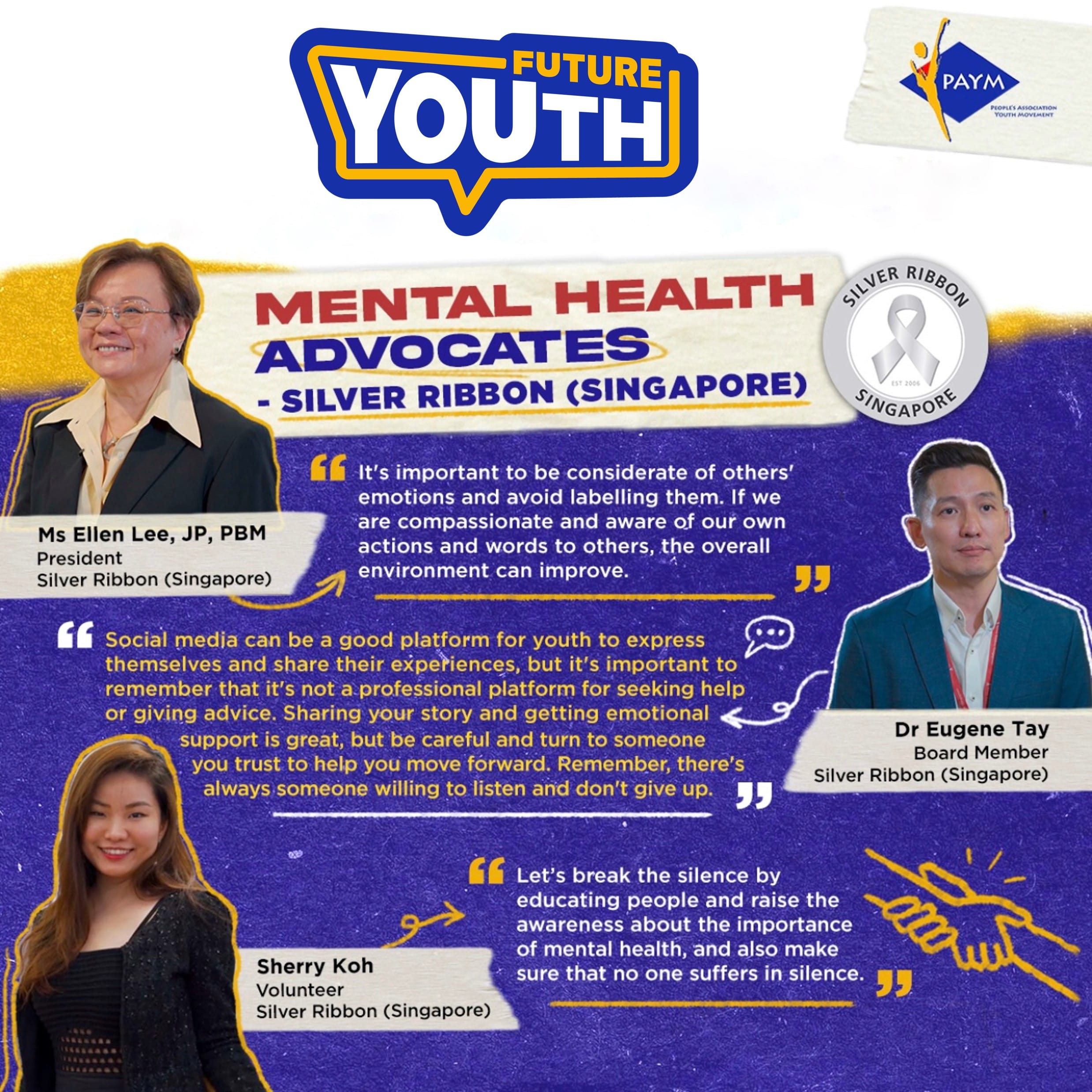 A poster titled "Mental Health Advocates - Silver Ribbon (Singapore)" with quotes from three speakers associated with mental health advocacy.