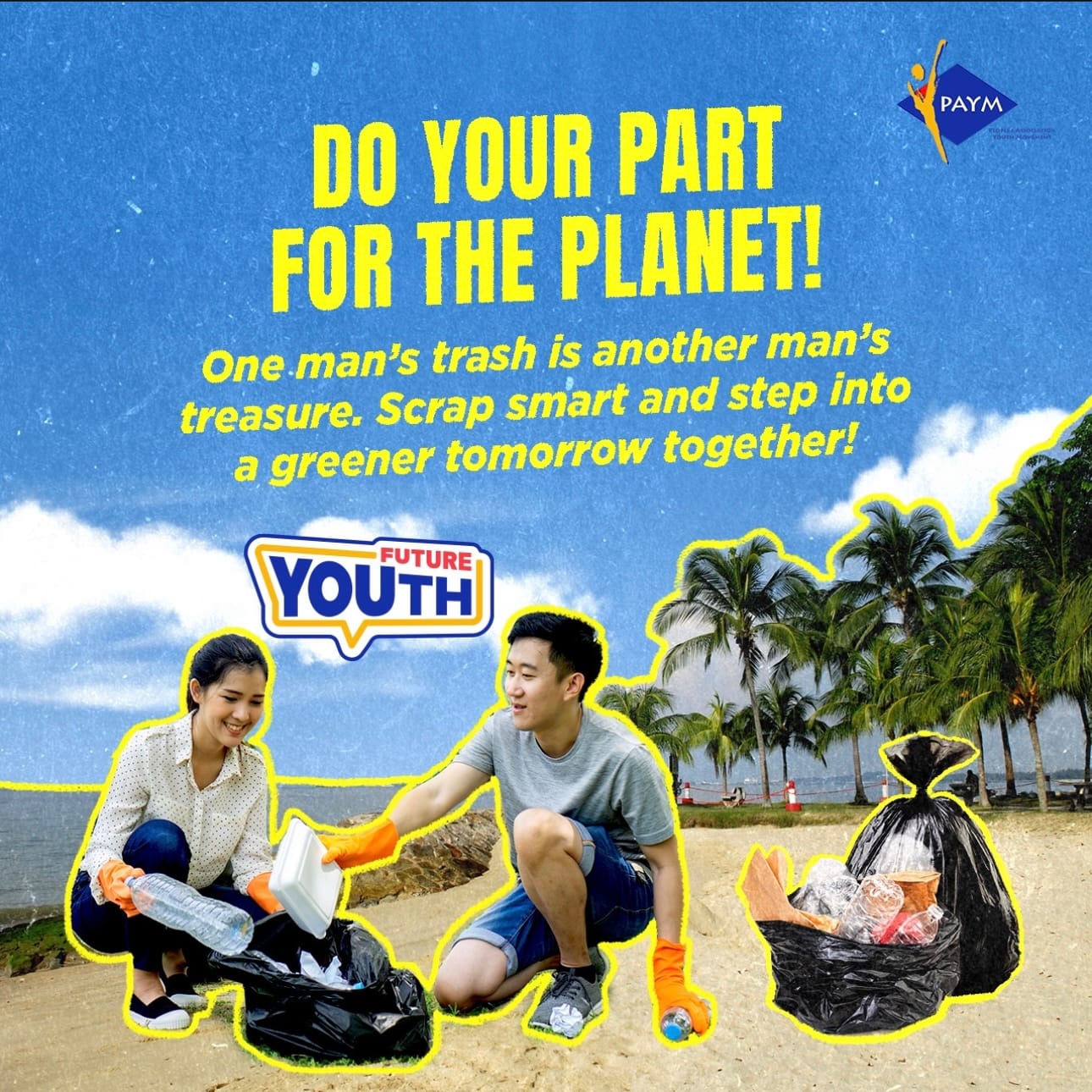 Two people wearing gloves are picking up trash on a beach, with palm trees and a large trash bag nearby.