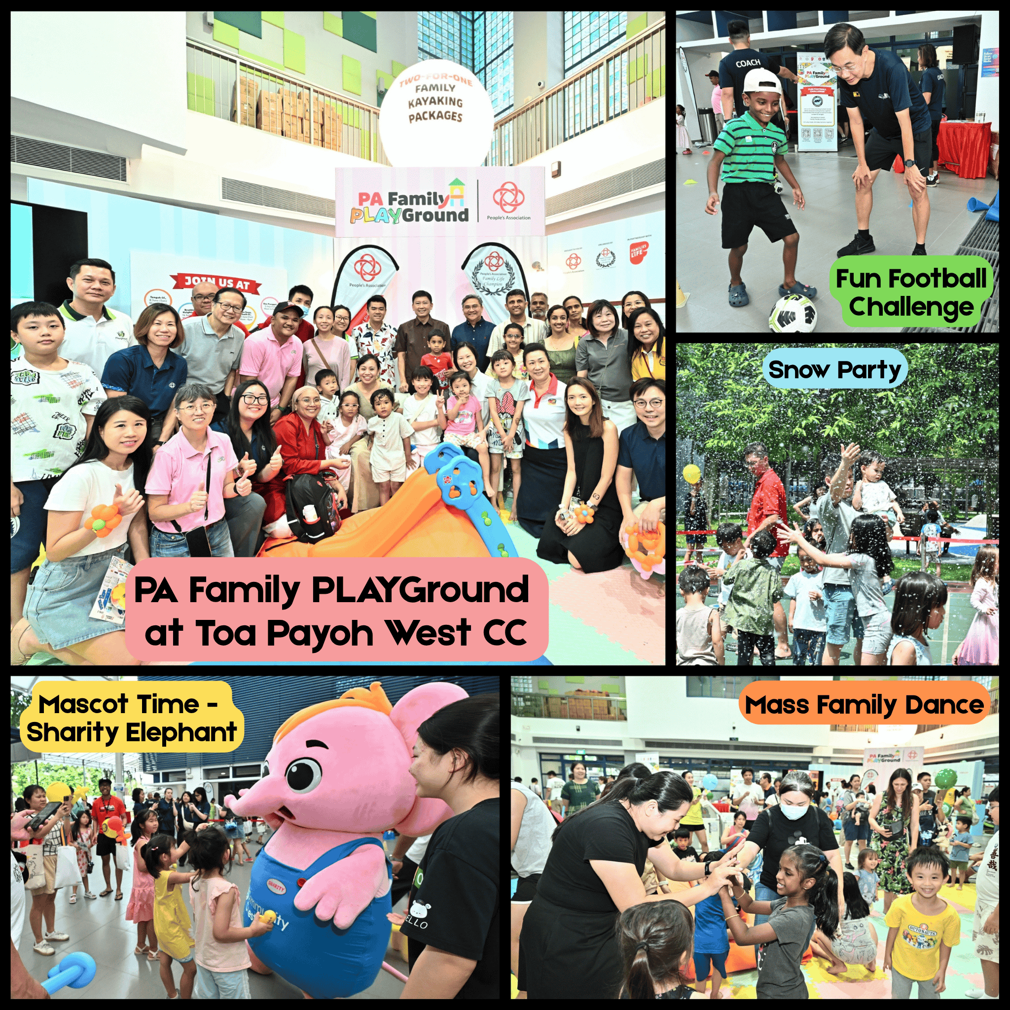 Collage of PA Family PLAYGround event with activities: football challenge, snow party, mascot time with Sharity Elephant, and dance.