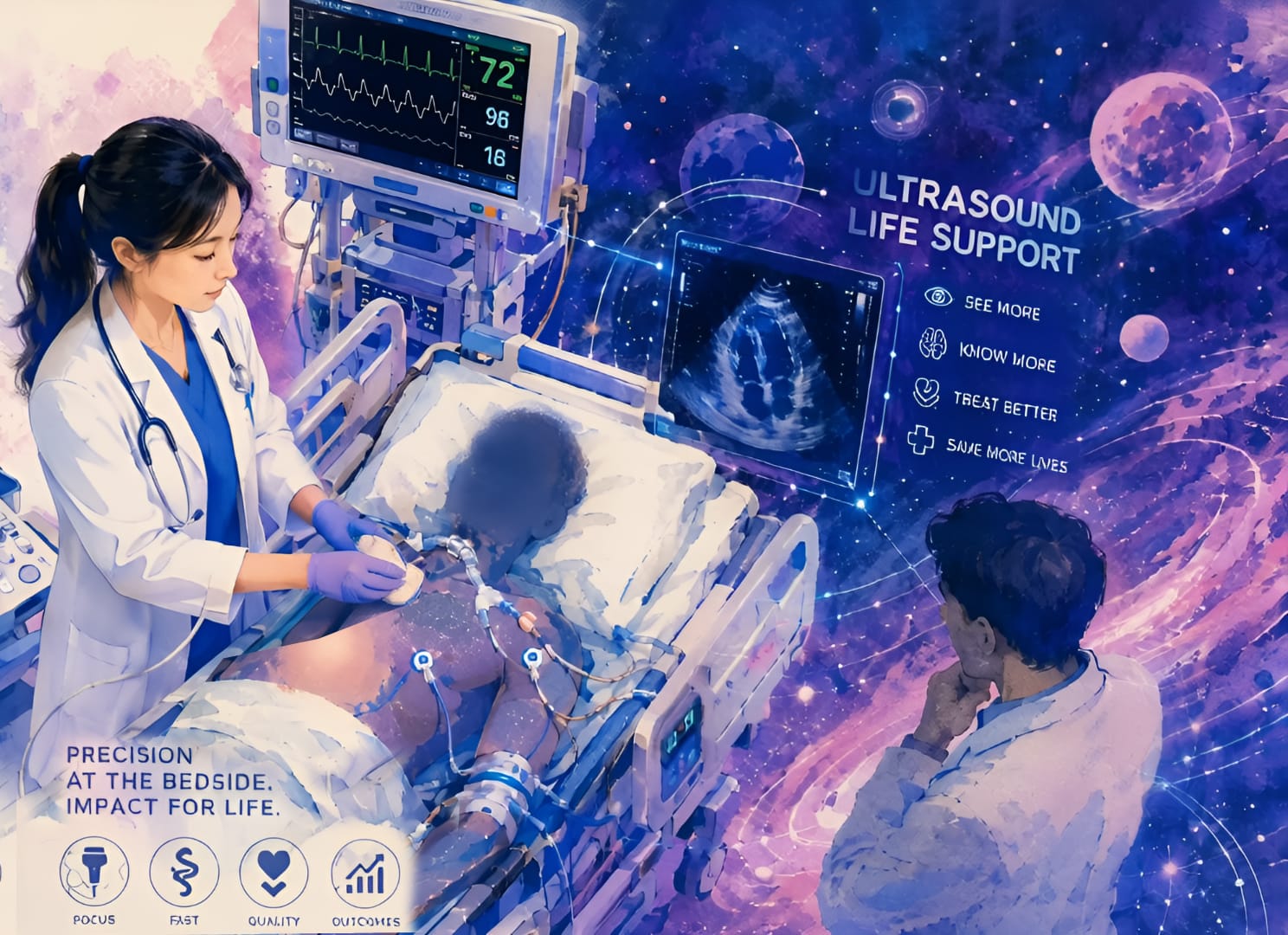 A risograph-style illustration female doctor confidently standing beside a futuristic critical care bed, examining a patient with ultrasound