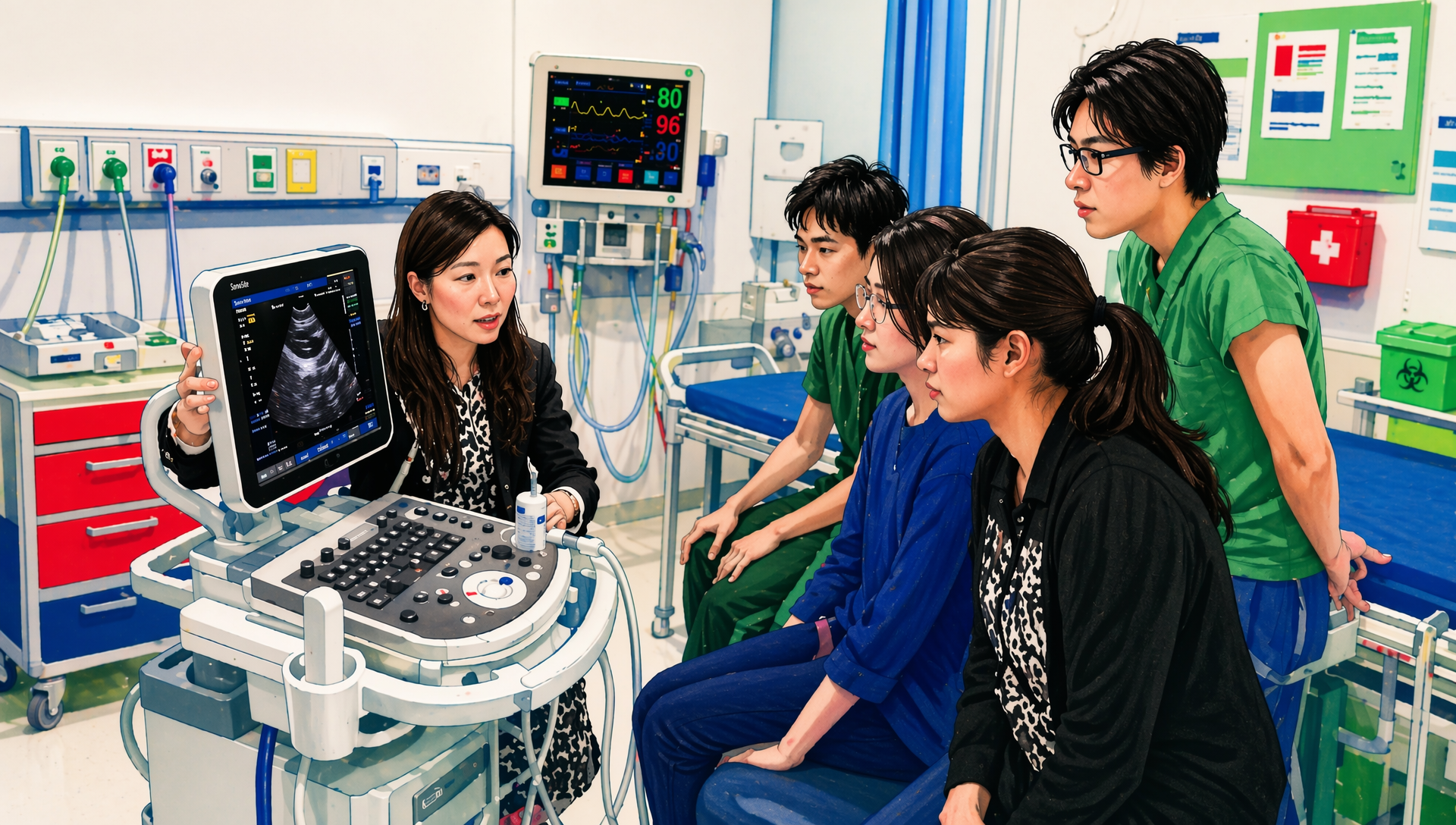 Artstyle photo of Dr. Gene Chan, senior consultant emergency physician from NUH teaching in an ultrasound course