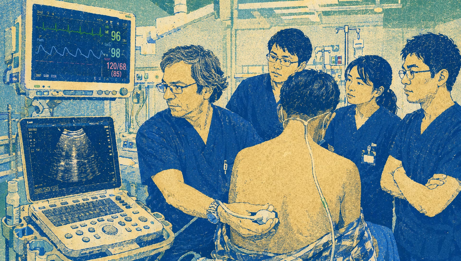 Risography style photo of Dr. Daniel Lichtenstein performing a lung ultrasound on an emergency patient.