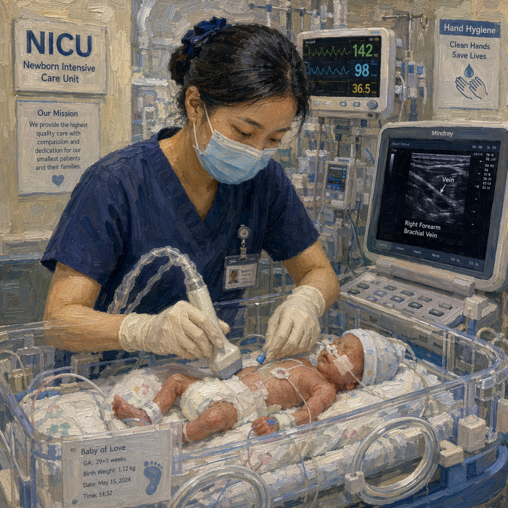 An ICU nurse performing an ultrasound guided procedure on a neonate
