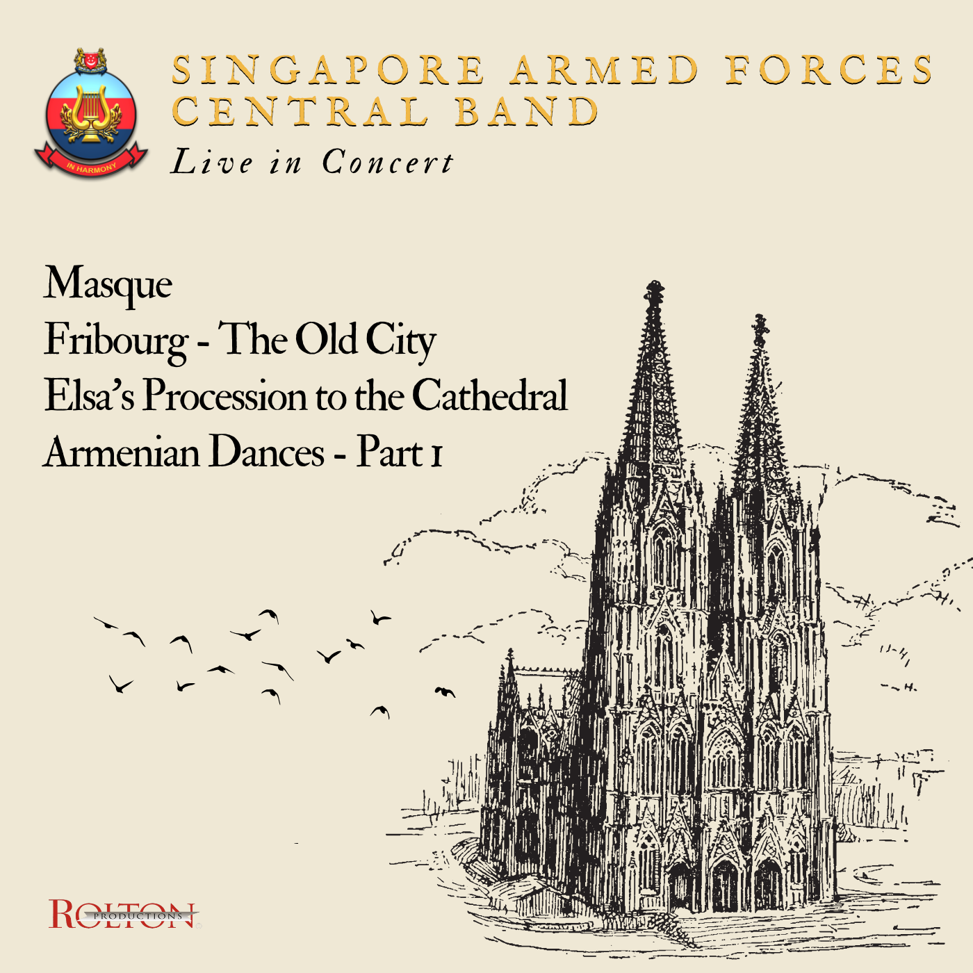 Album cover for SAF Central Band’s live concert featuring cathedral sketch and concert pieces.