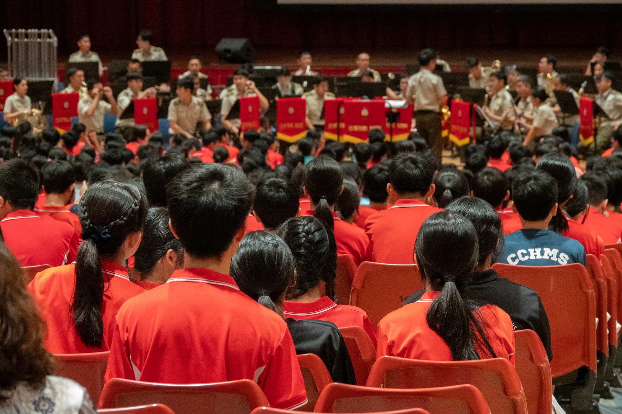 The SAF Central Band tuning up before their outreach performance at Chung Cheng High School (Main) on 13 August 2025.