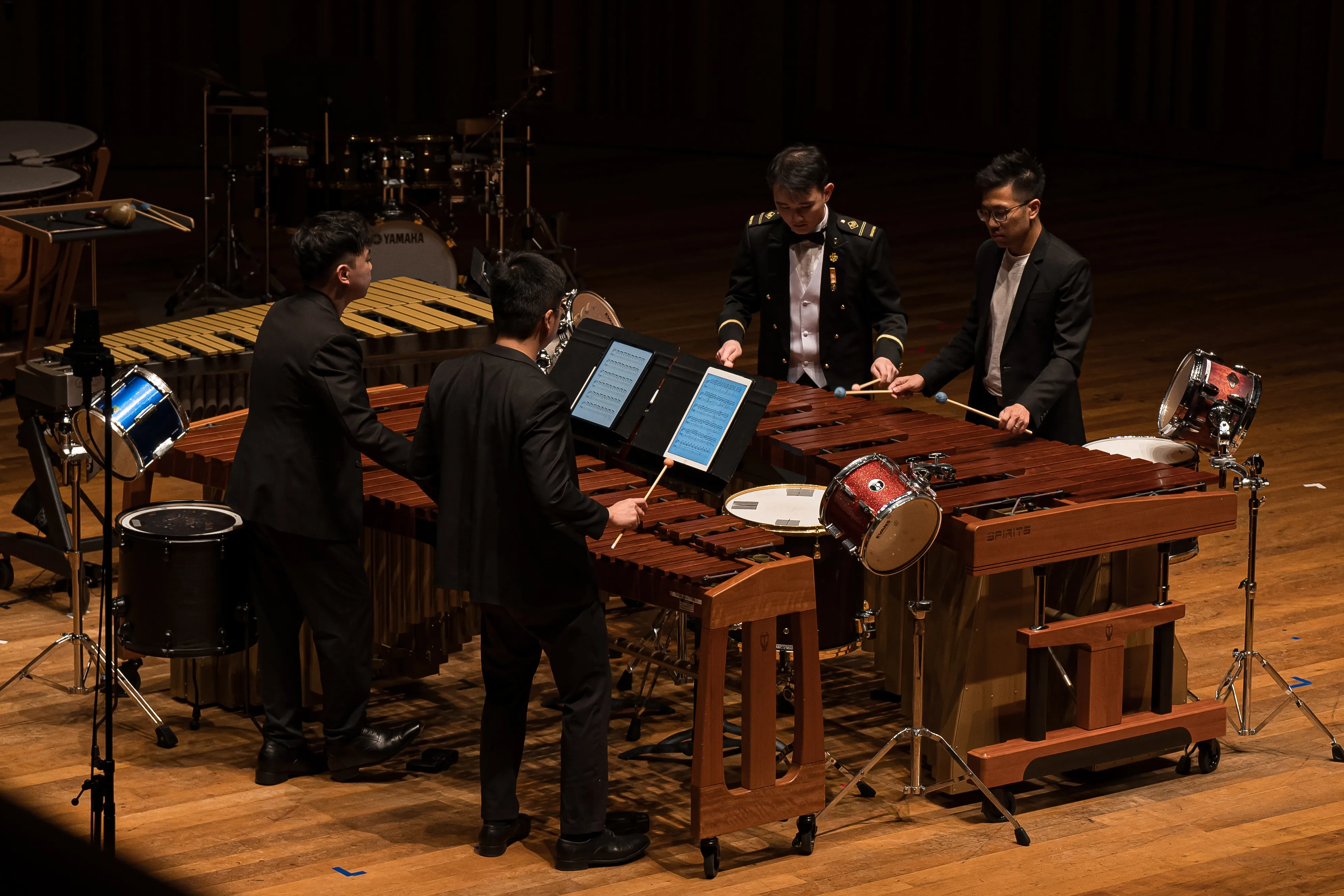The percussion section of the SAF Central Band and homegrown percussion ensemble Morse Percussion in performance.