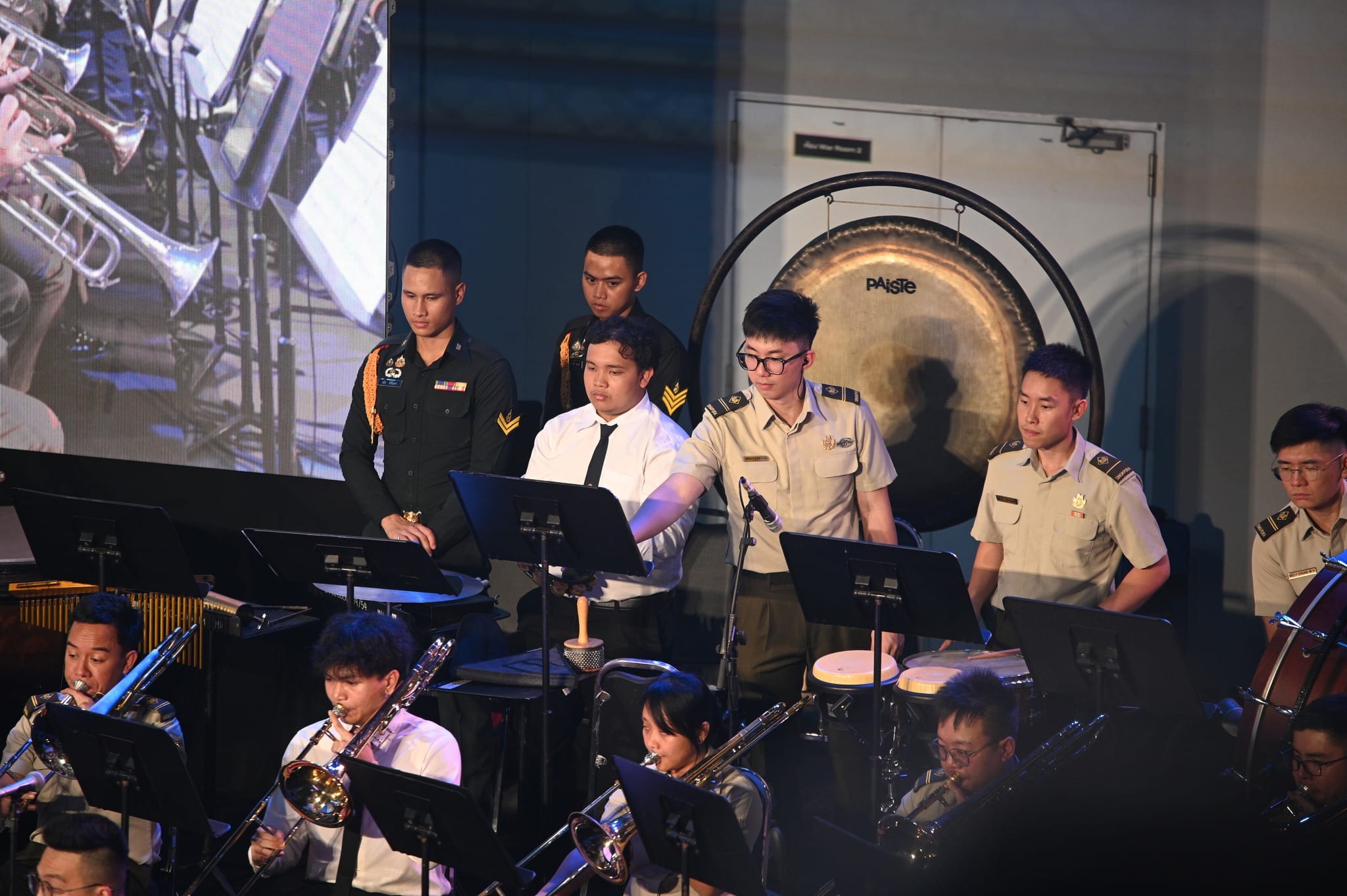 The combined percussion section in performance.