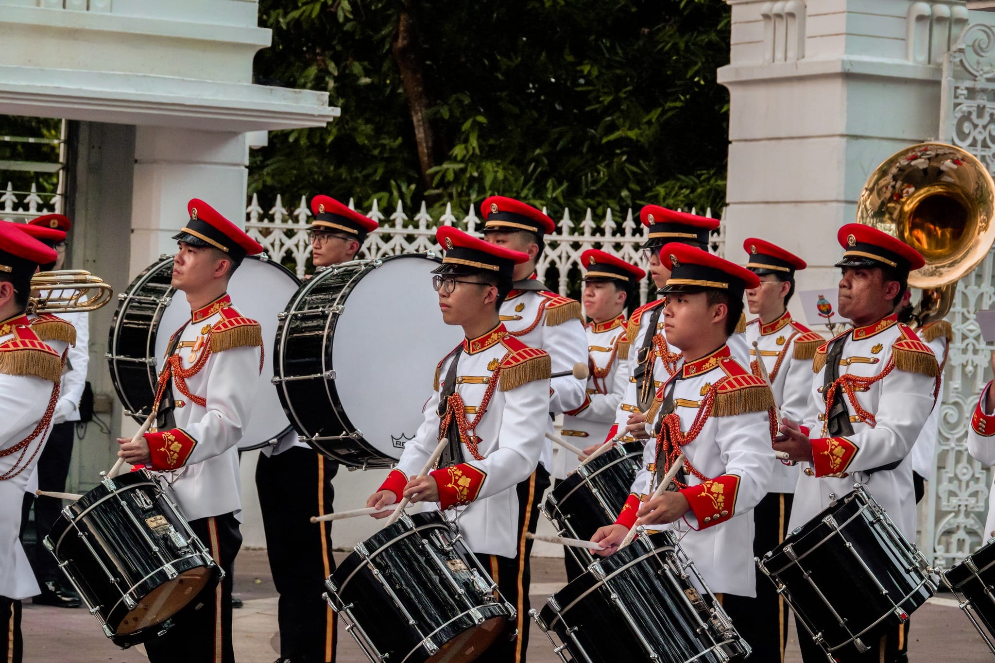 The combined percussion and brass section on parade.