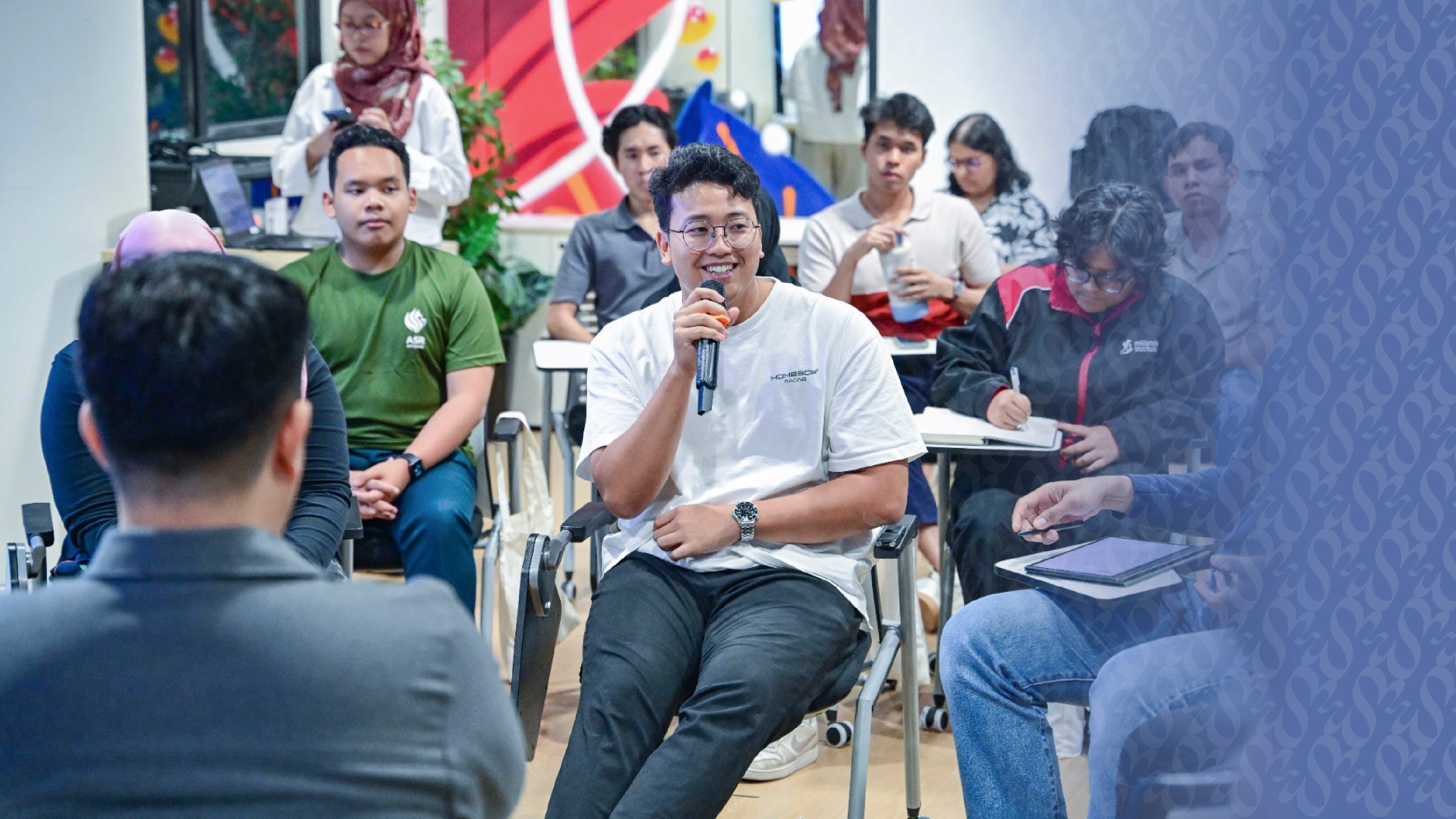 This is a photo of a group discussing at an event.