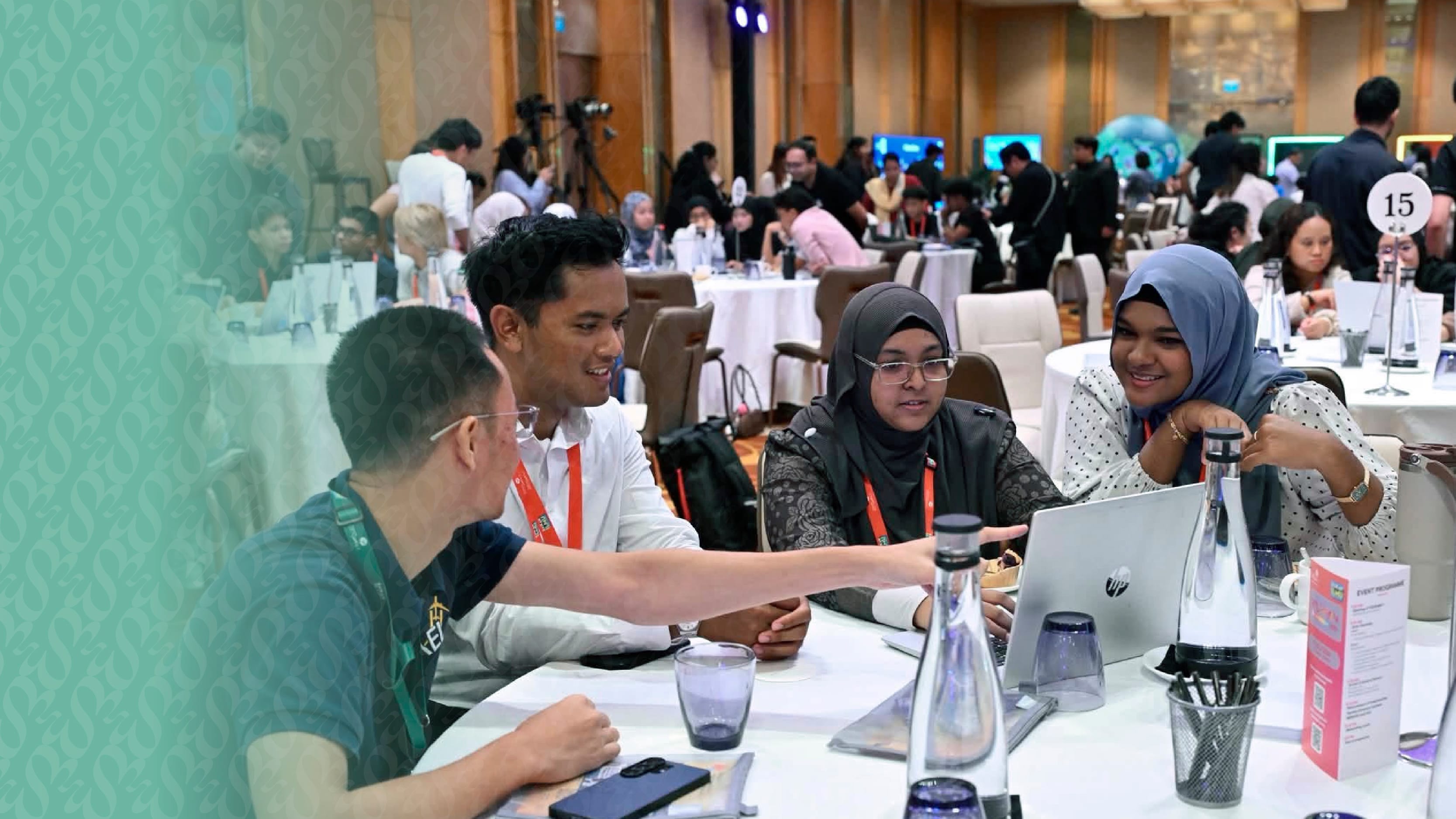 This is a photo of a group discussing at an event.