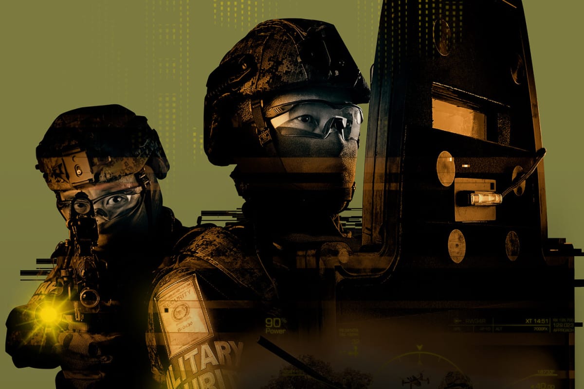 Military security personnel with ballistic shield and firearm under digital overlay.
