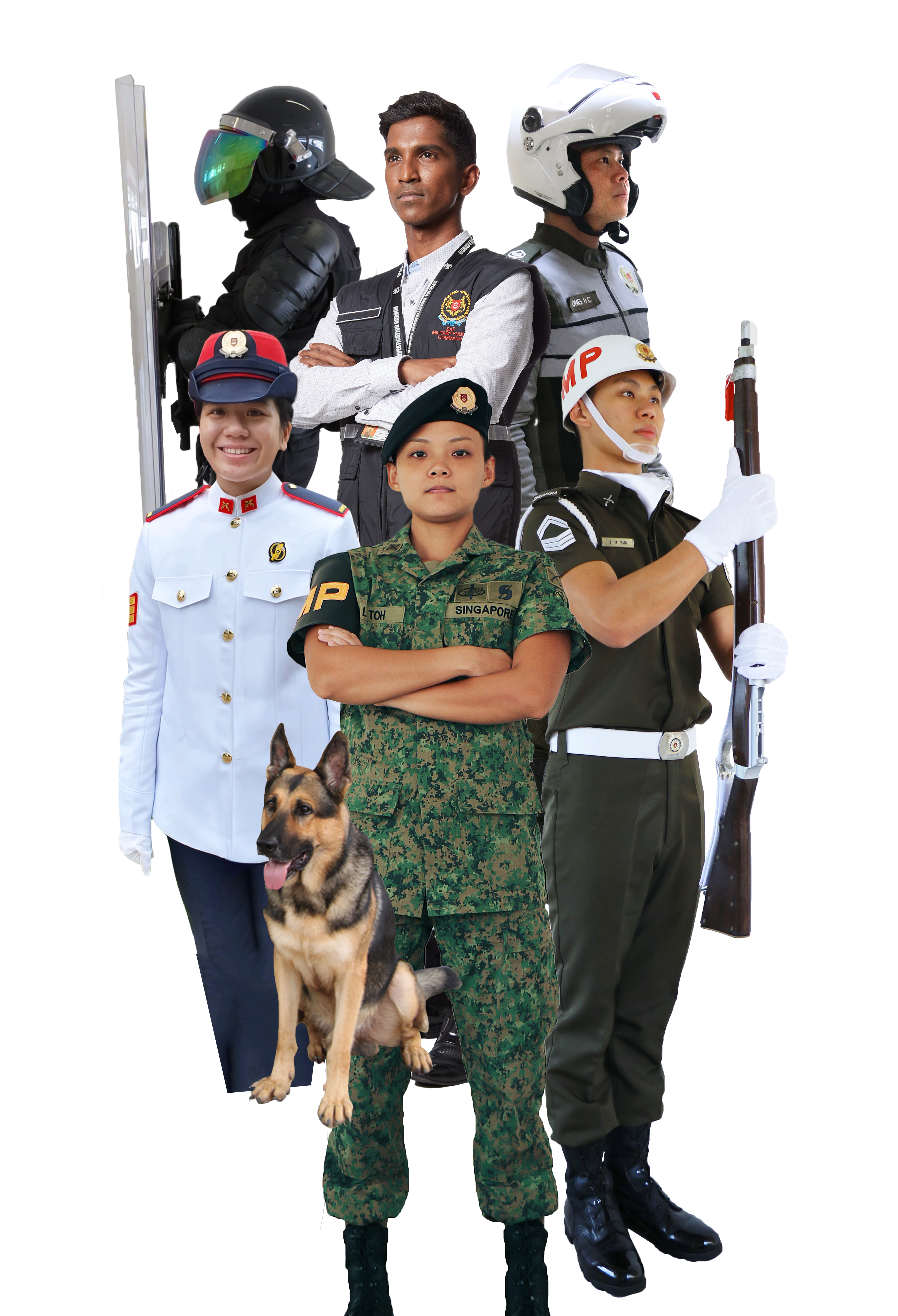 Military police and auxiliary officers in various uniforms with K-9 dog.