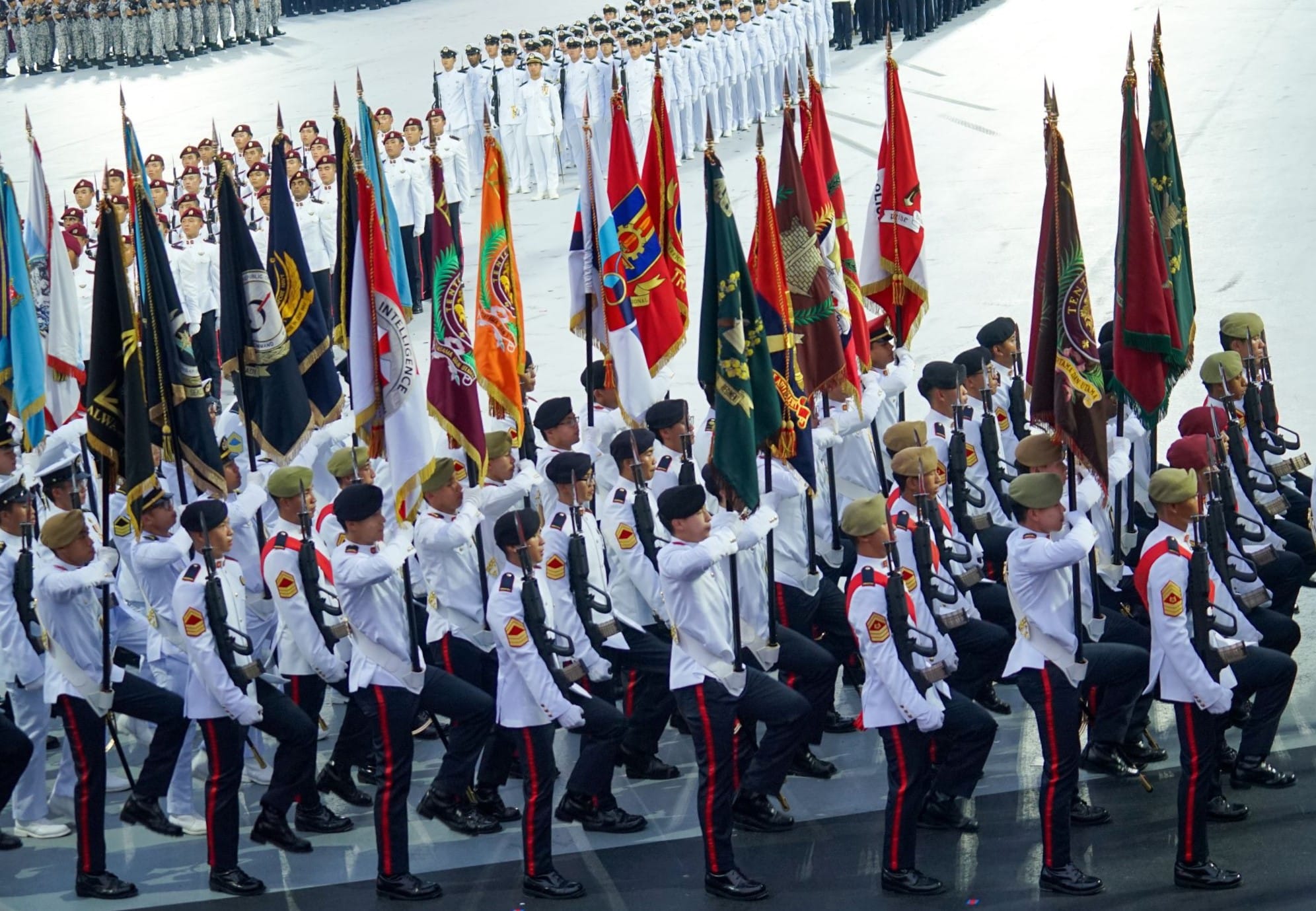 A ceremonial military parade with soldiers in white uniforms marching in formation, each holding distinct regimental flags, representing various units of the armed forces