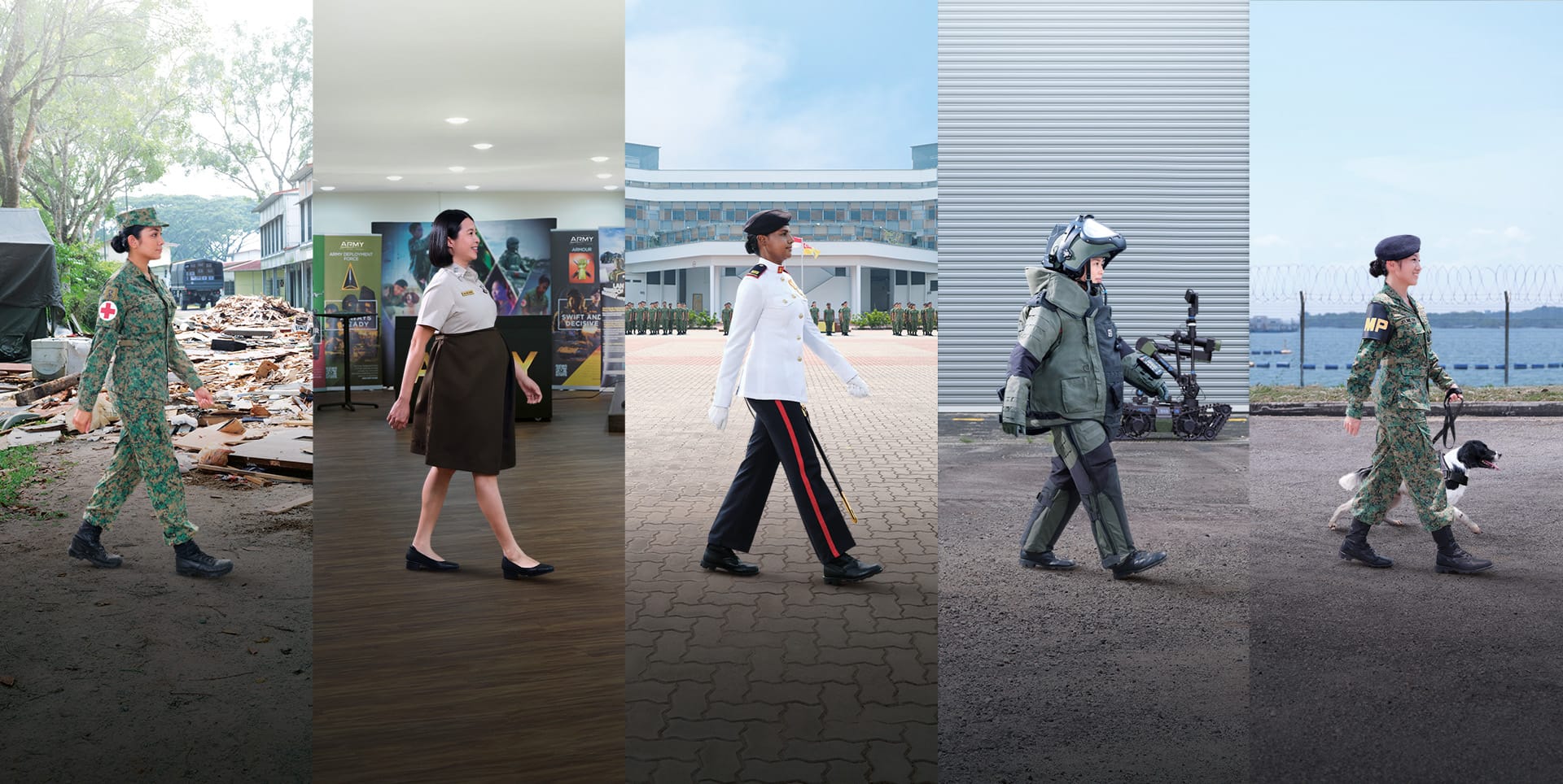 Five SAF women in diverse roles walk confidently across different operational settings.