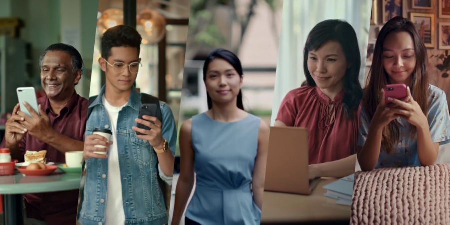 Diverse group of individuals using smartphones and laptops for digital communication.