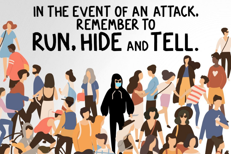 Illustration of people in different roles, with a focus on Run, Hide, and Tell..