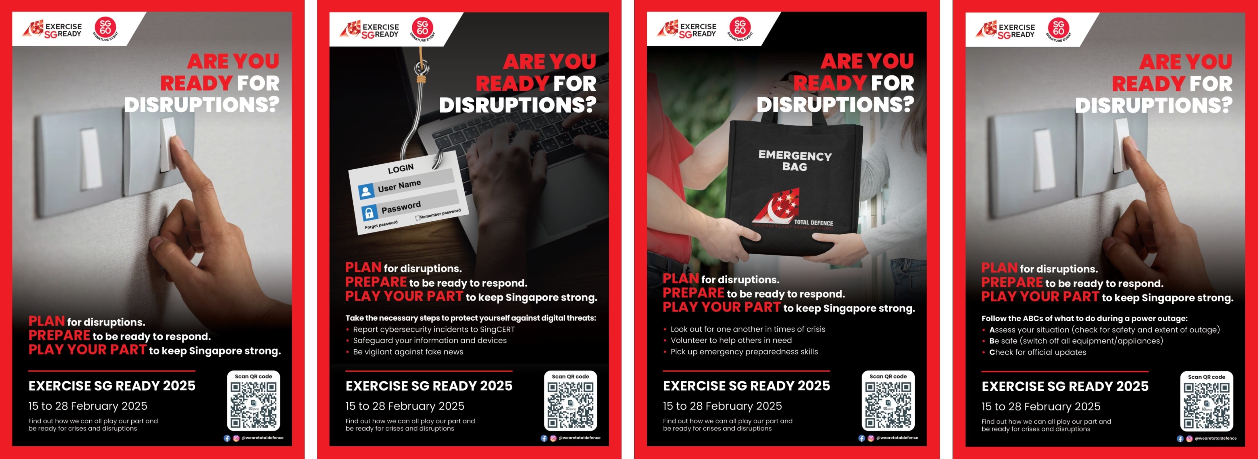 Exercise SG Ready 2025 posters urge preparedness for power, cyber, and emergency disruptions.