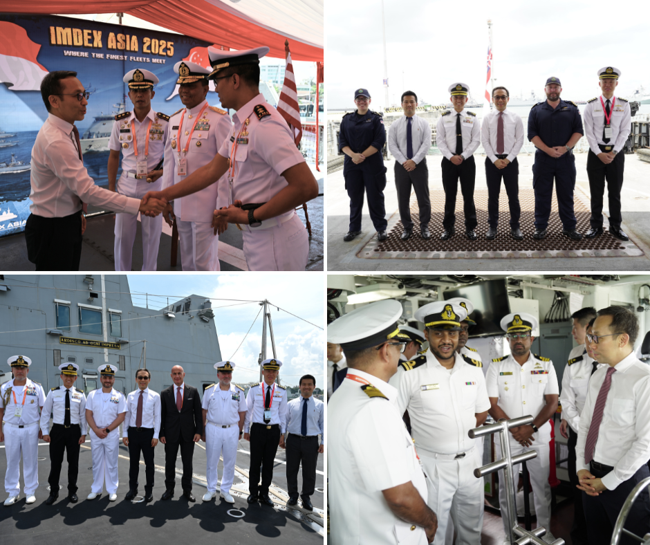 Collage of naval officers in white uniforms in different group scenes.