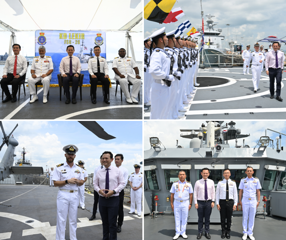 Collage of uniformed officials on KD Lekir warship, with dignitaries present.