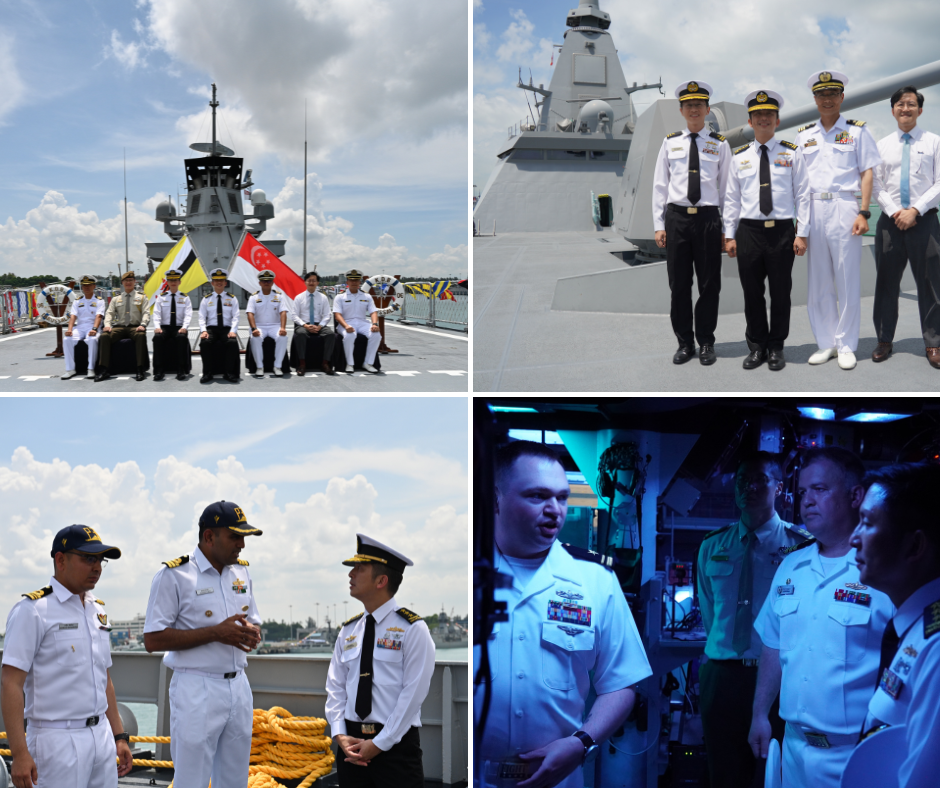 Four panels show naval officers in uniform on a warship, some in groups.