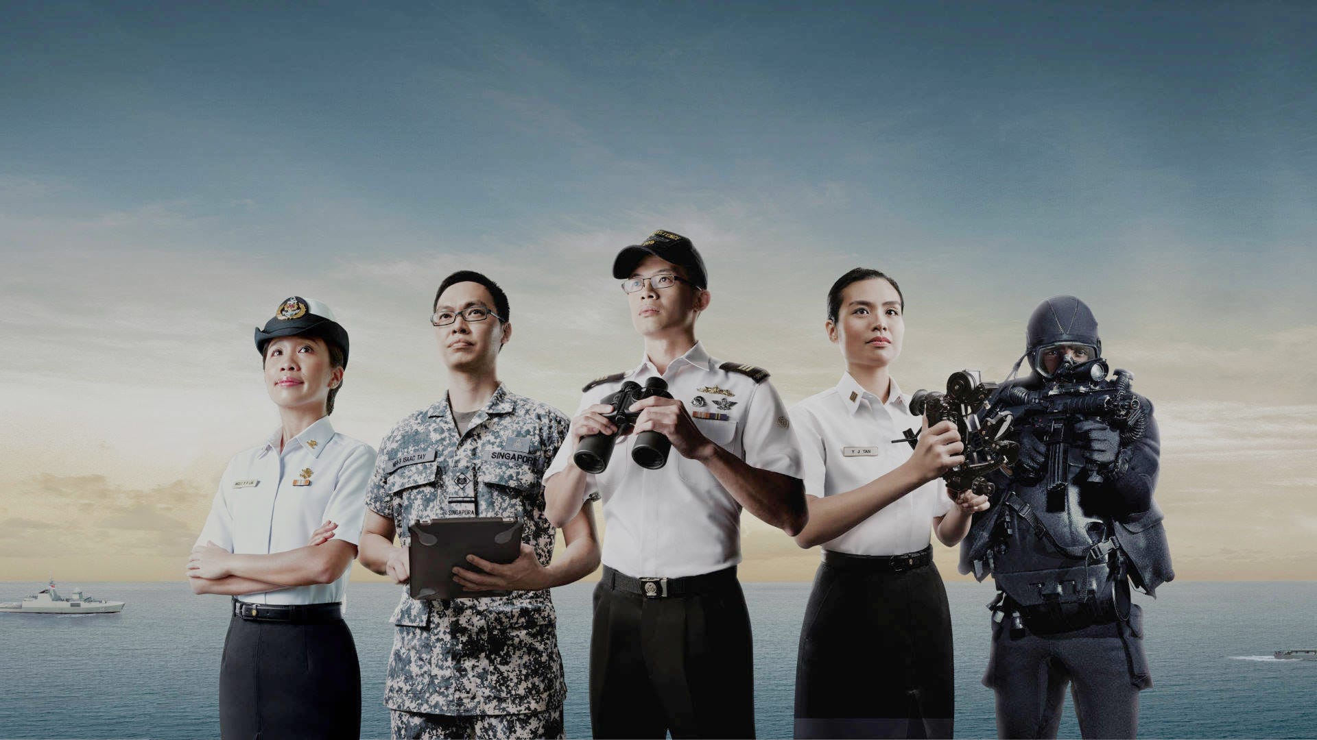 Five RSN personnel in various uniforms pose against a seascape at dusk, showcasing naval vocations.