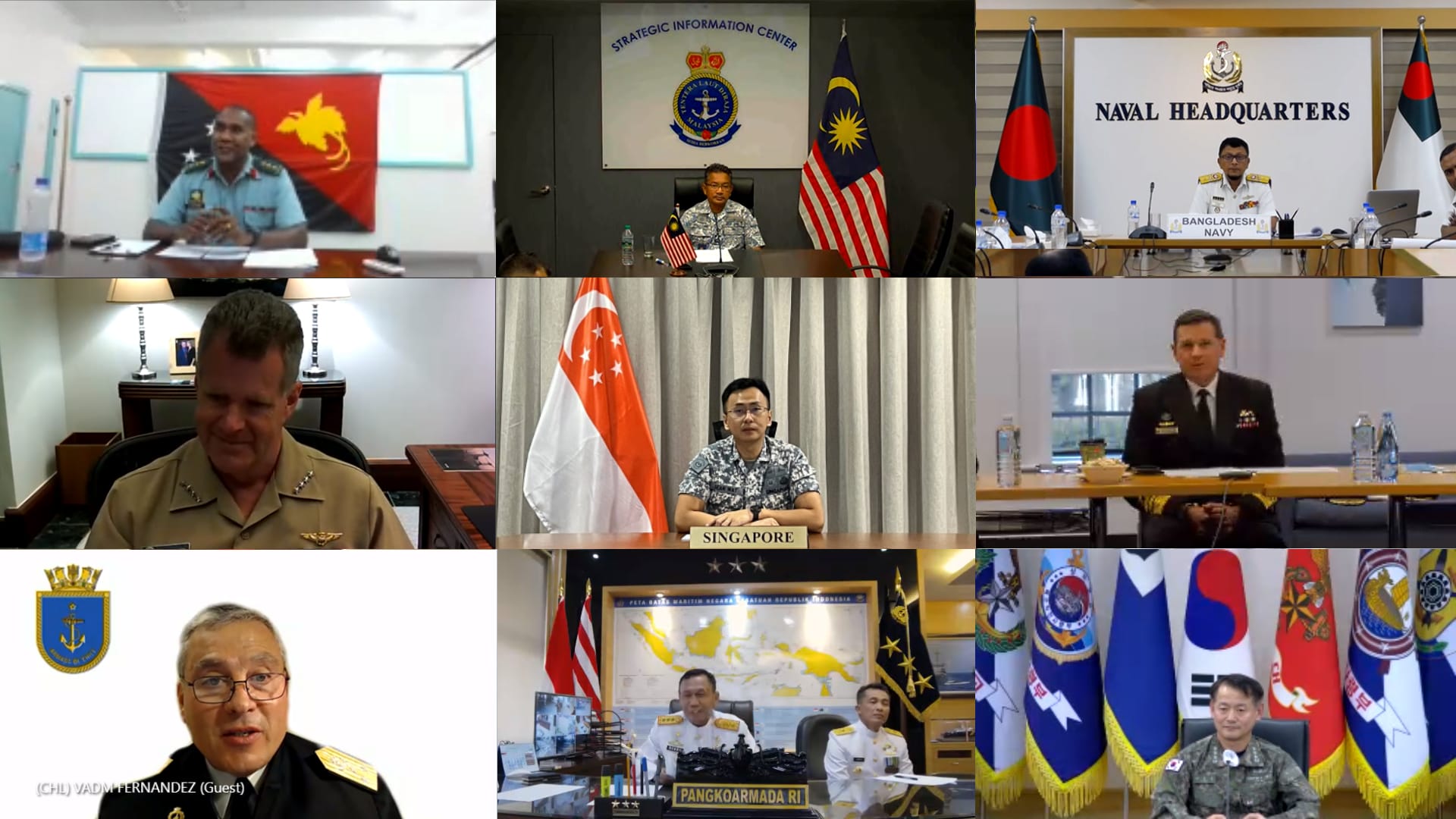 Naval representatives from multiple countries are attending a high-level virtual conference in a grid video call format.